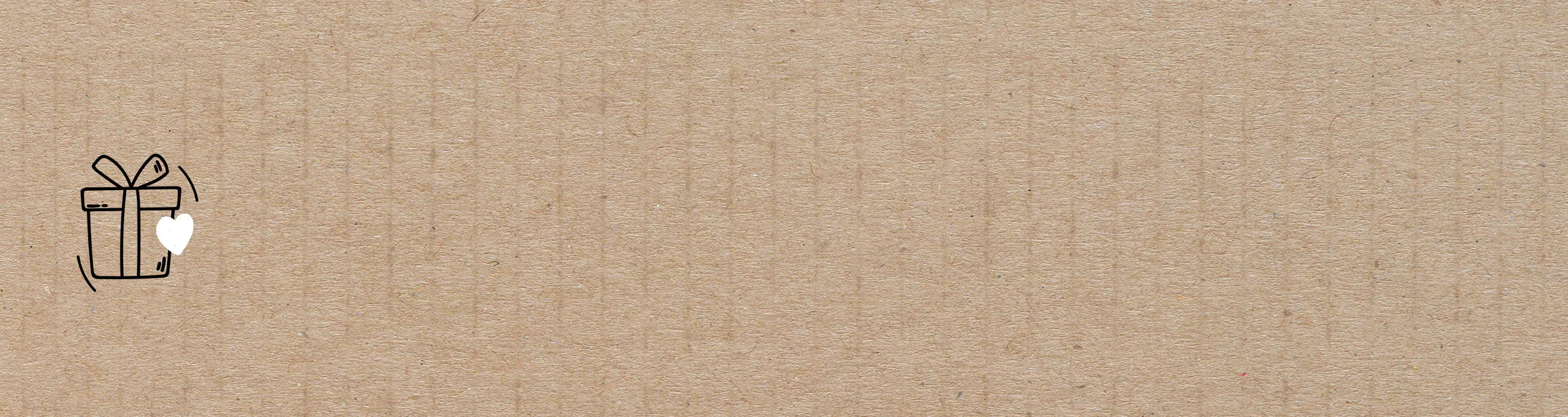 Minimalistische Illustration einer kleinen Geschenkbox mit einem Herz auf schlichtem braunem Papiertexturhintergrund.