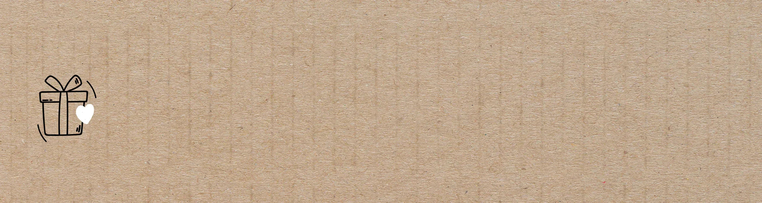 Einfache Zeichnung eines Geschenkkartons mit einem Herz auf braunem Strukturpapier, mit leerem Raum auf der rechten Seite.