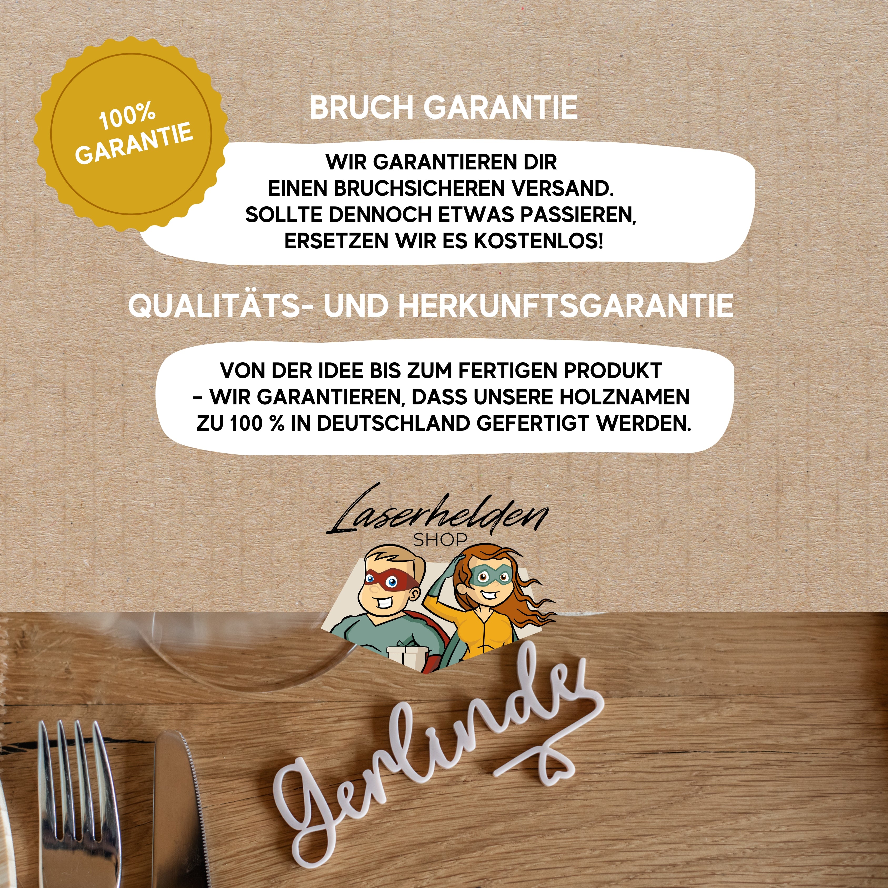 Werten Sie Ihre Veranstaltung mit Produkten von Laserhelden auf. Wählen Sie Namensschilder Hochzeit oder personalisieren Sie sie zusätzlich mit dem personalisierten Acryl-Glasmarkierer mit einem hölzernen Tischgedeck, Gabel und Löffel, Markenaufkleber und deutschem Text über Qualität und Bruchgarantie für eine wirklich maßgeschneiderte Note.