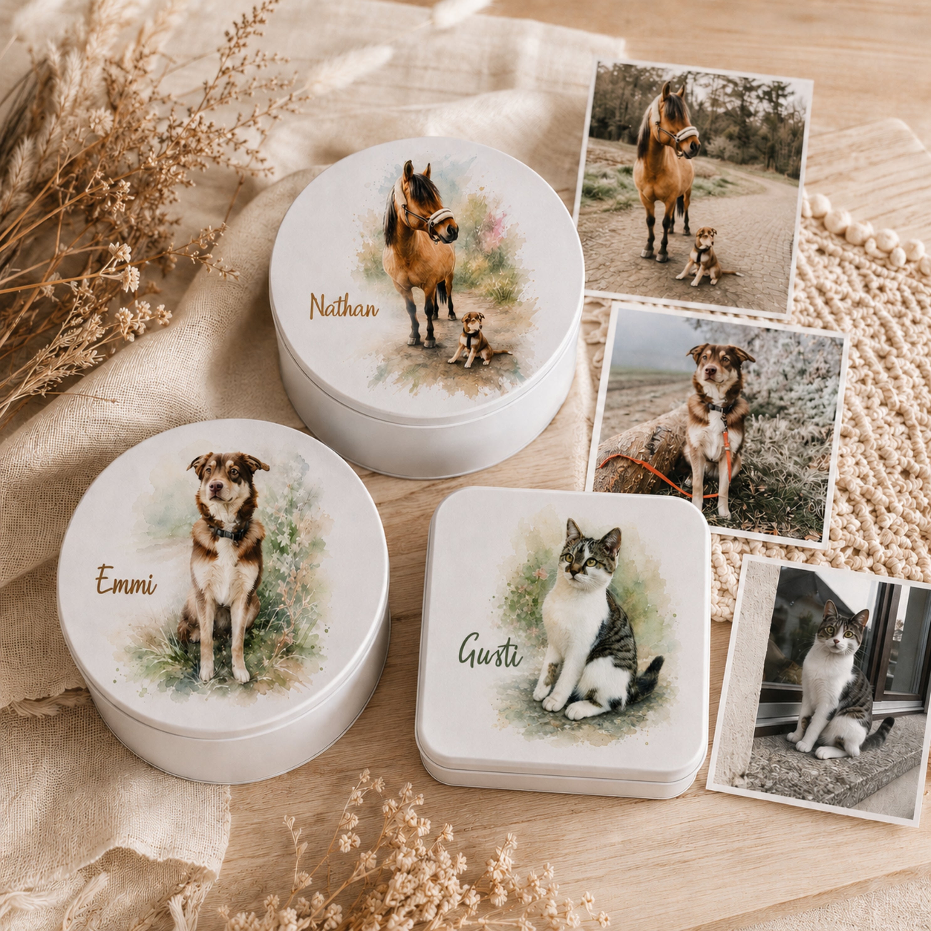 Personalisierte Fotodose mit Wunschname – runde oder quadratische Blechdose bedrucken lassen