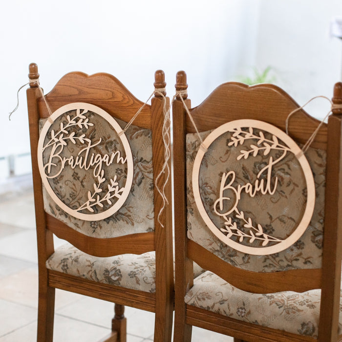 Stuhldeko Holzschilder "Braut & Bräutigam" – Liebevoll & stilvoll zur Trauung