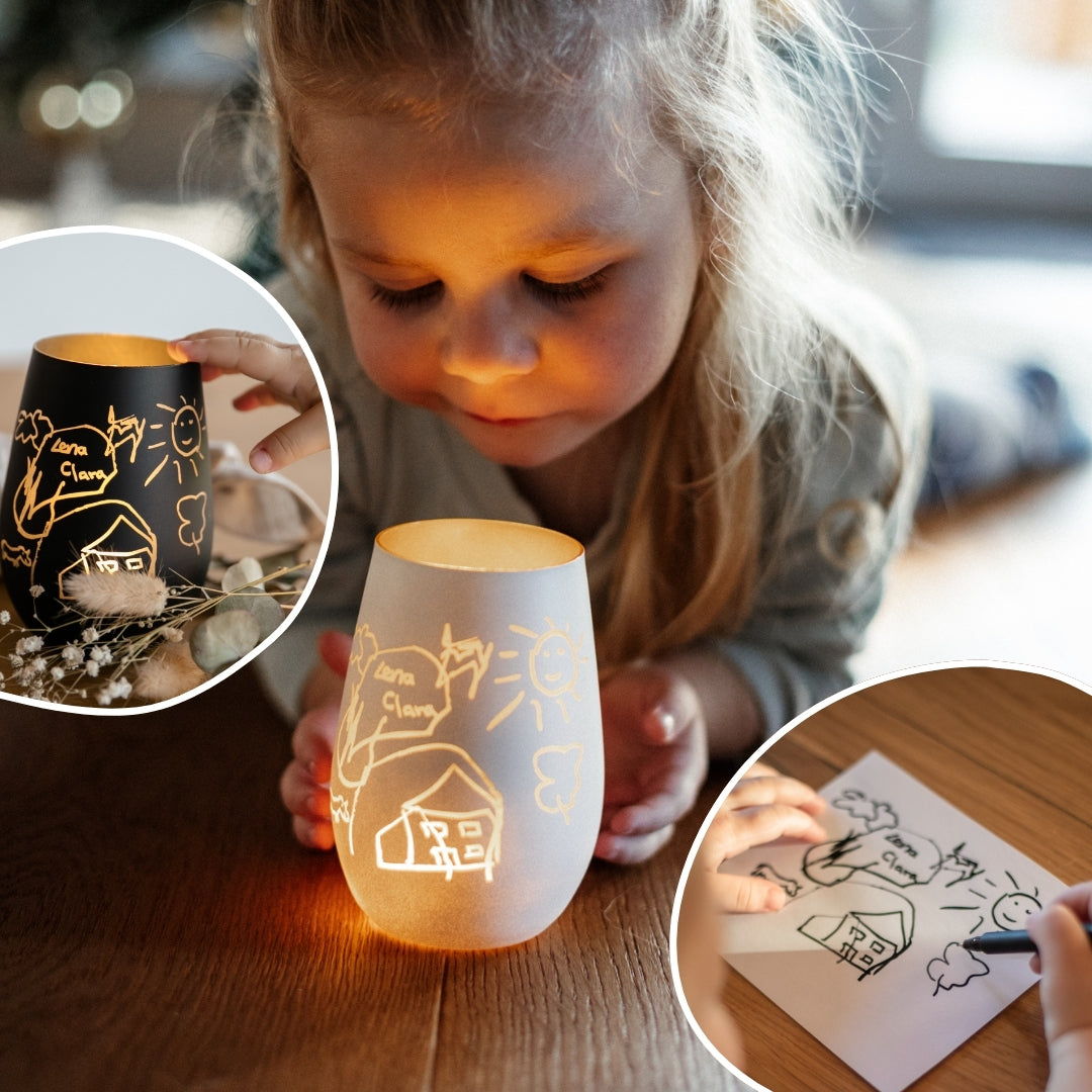 Windlicht mit Kinderzeichnung