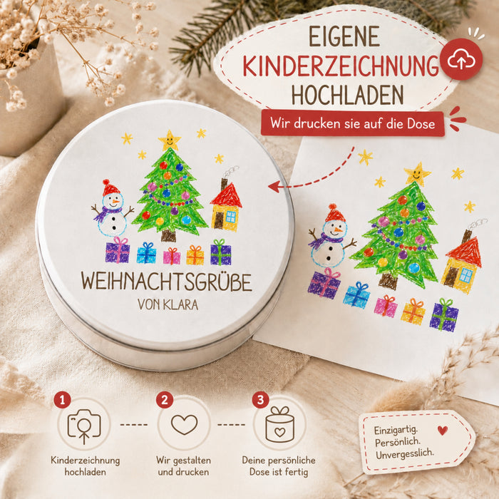 Personalisierte Dose mit eigener Kinderzeichnung & Wunschname – rund oder quadratisch
