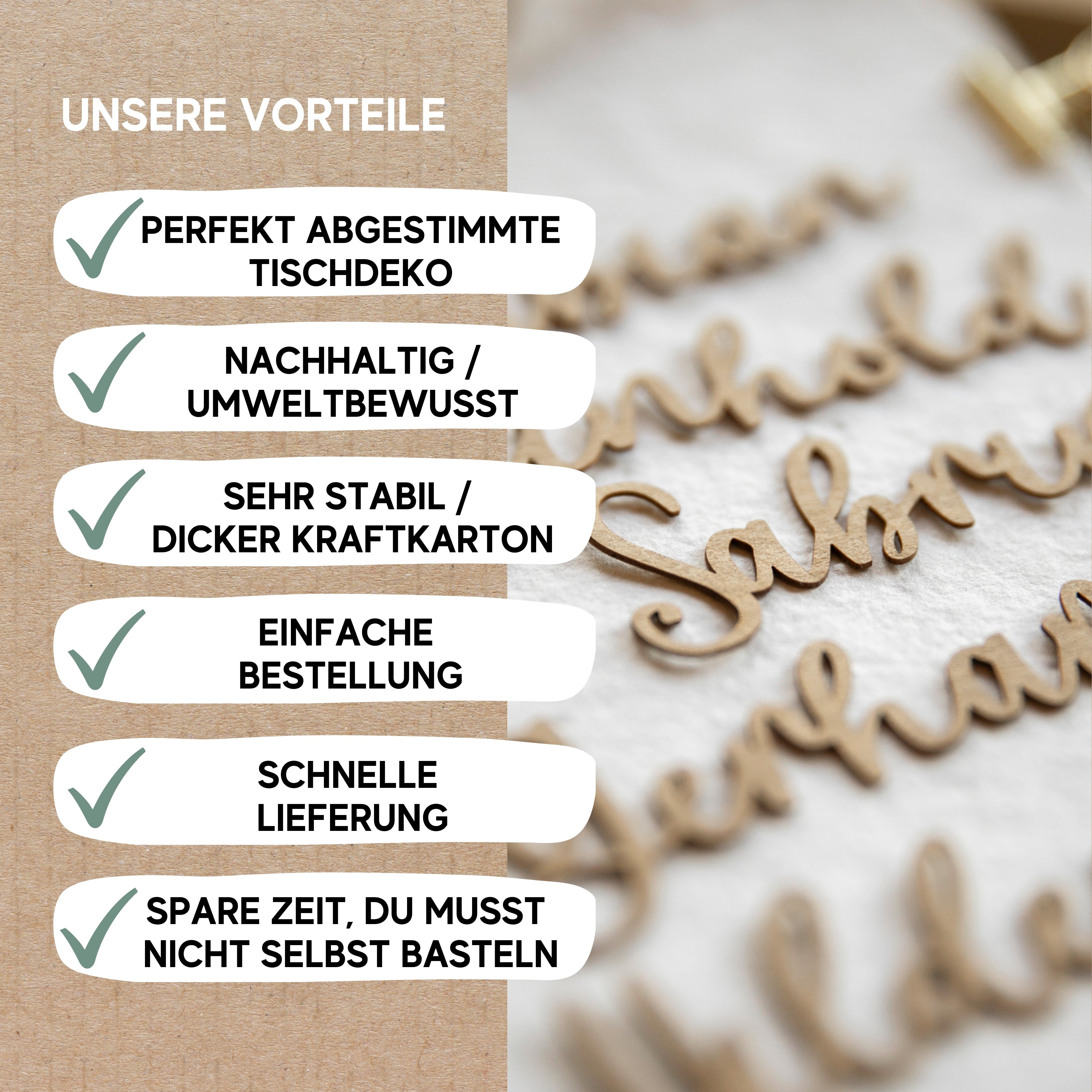Text zur Hervorhebung der Vorteile auf Kraftpapier-Hintergrund mit Holzbuchstaben auf der rechten Seite – ideal, um Ihrer Boho-Hochzeits-Deko mit dem Namensschild Hochzeit von Laserhelden Charme zu verleihen.