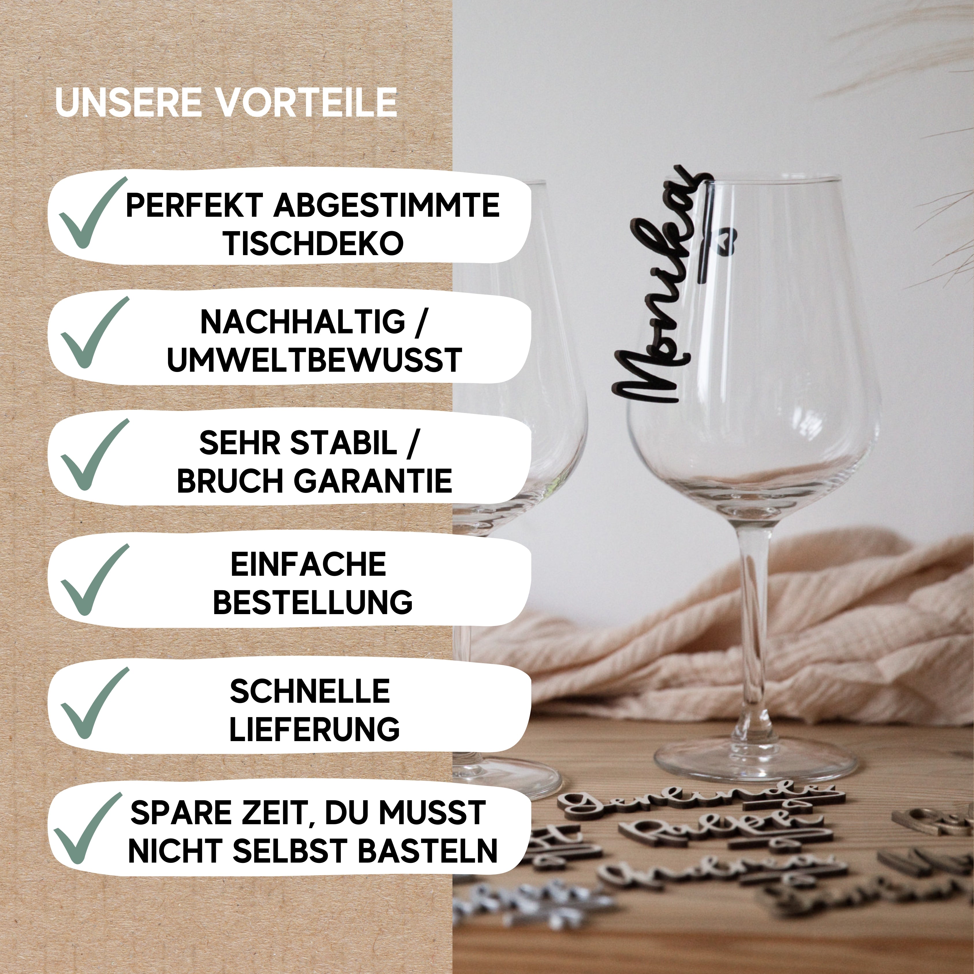 Zwei Weingläser mit Glasmarkierern mit Namen von Laserhelden, dazu Vorteile dieser Tischdeko-Lösung mit grünen Häkchen daneben aufgelistet.