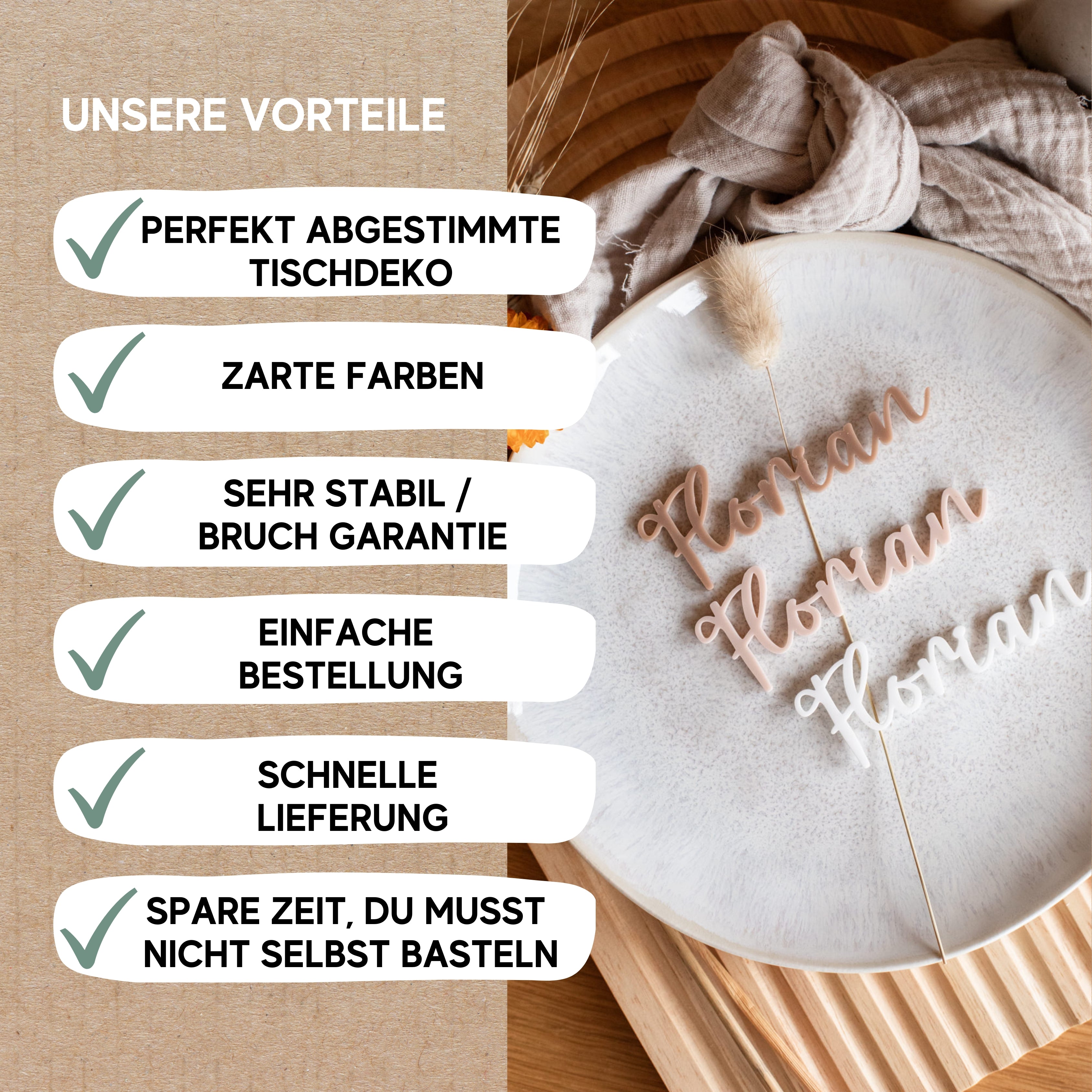 Deutsche Featureliste mit dekorativem Plattenhintergrund, auf der „Namensschilder Hochzeit“ von Laserhelden für eine elegante Note stehen.