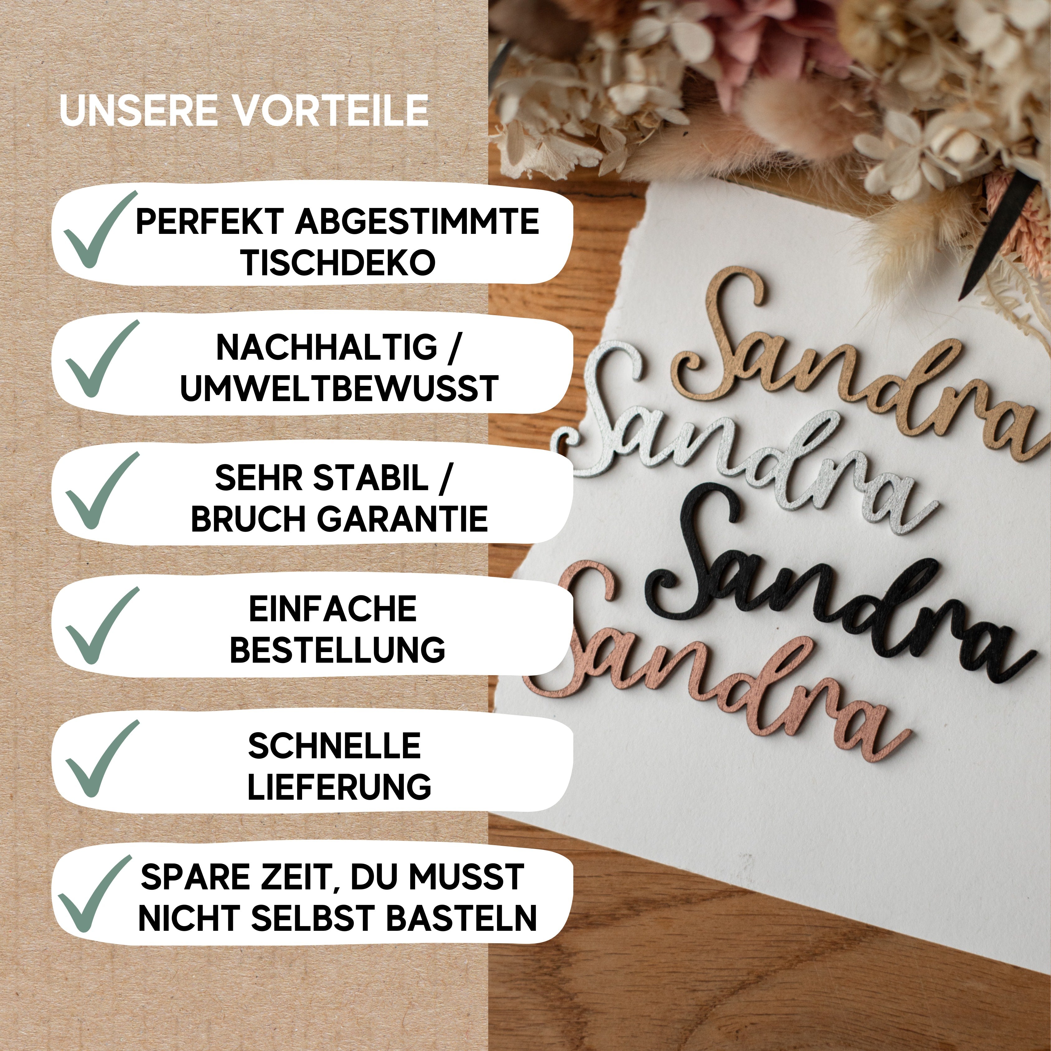 Laserheldens Hochzeit Tischkarten Schriftzug aus Holz in Gold, Silber oder Kupfer bietet elegante dekorative Textausschnitte von „Sandra“ mit deutscher Vorteils-Checkliste. Diese Designs eignen sich perfekt als handgefertigte Tischdekoration oder Hochzeitstischkarten und verleihen jeder Veranstaltung Charme und Raffinesse.