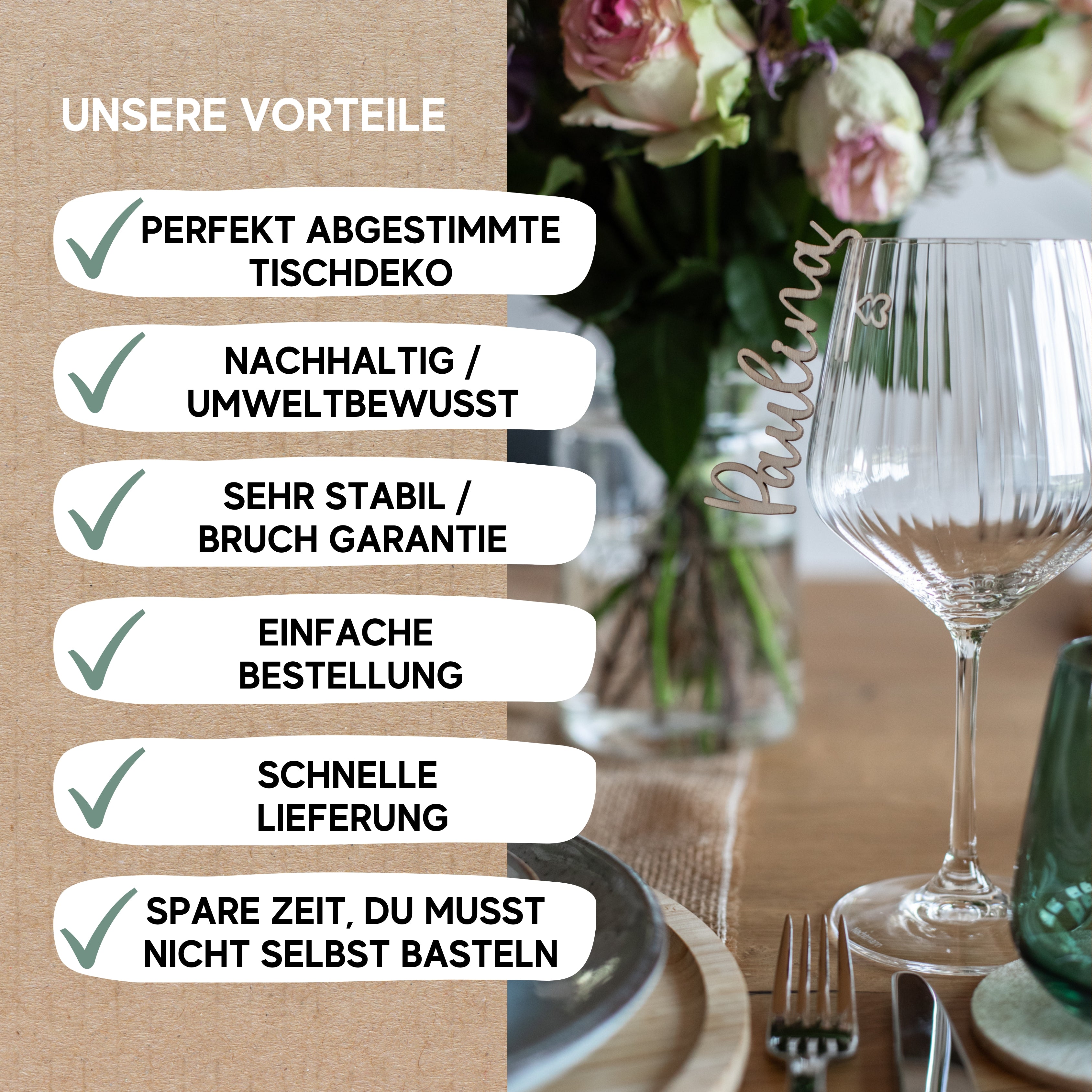 Checkliste mit Tischdekorationsvorteilen neben einem schön gedeckten Tisch, geschmückt mit Blumen, Weingläsern und eleganten Glasmarkierern mit Namen aus Holz von Laserhelden.
