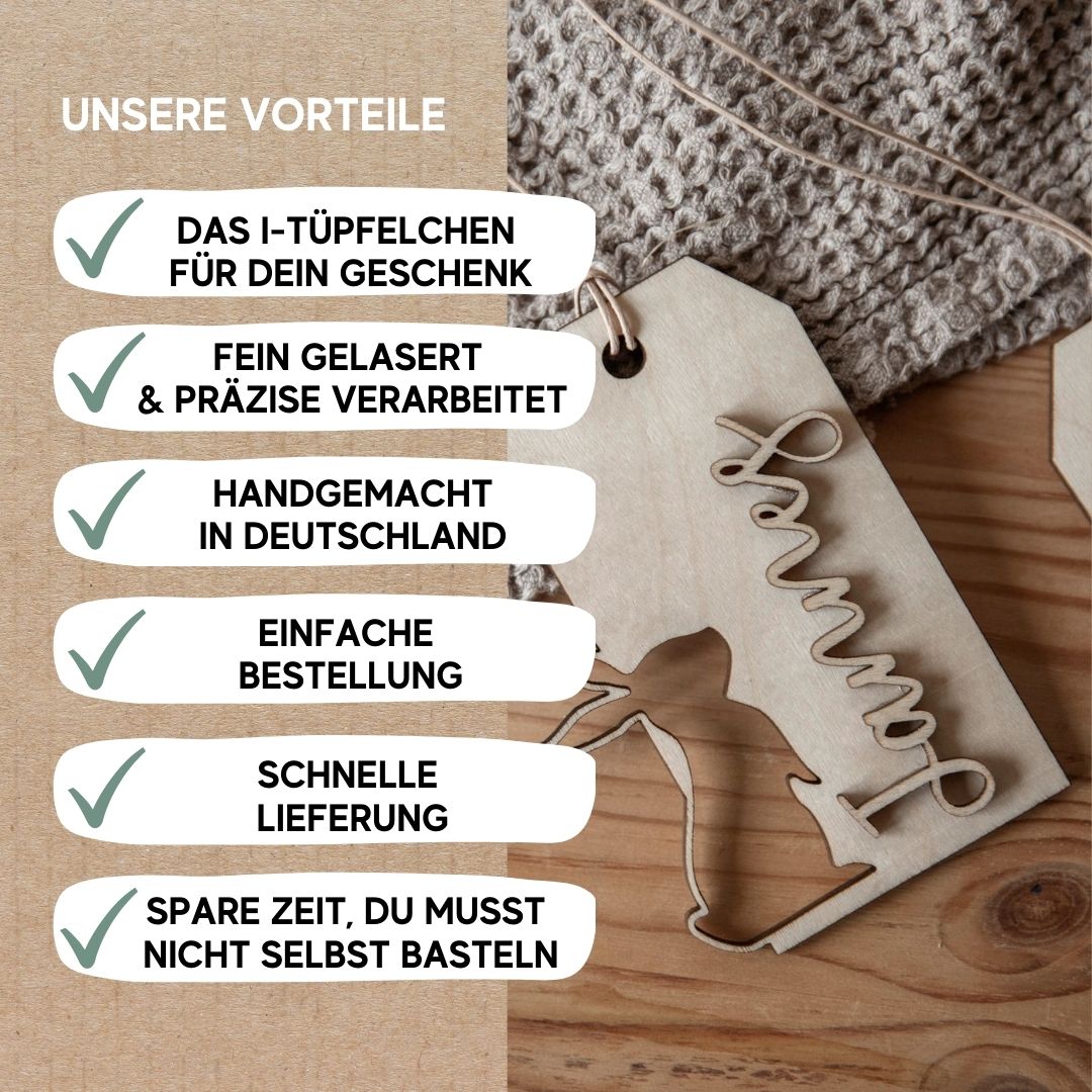Unsere Vorteile: fein gelaserte, handgemachte Produkte, einfache und schnelle Lieferung