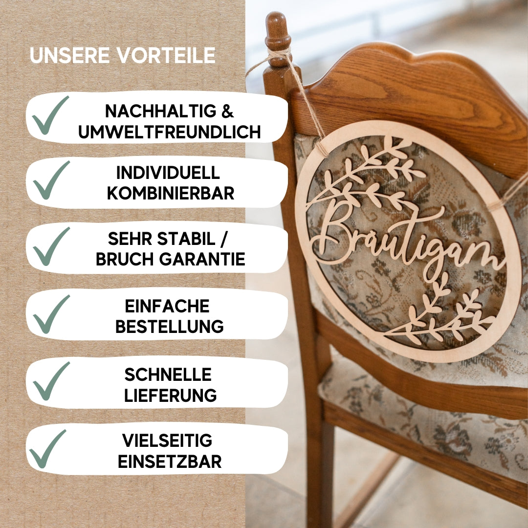 Stuhldeko Holzschilder "Braut & Bräutigam" – Liebevoll & stilvoll zur Trauung