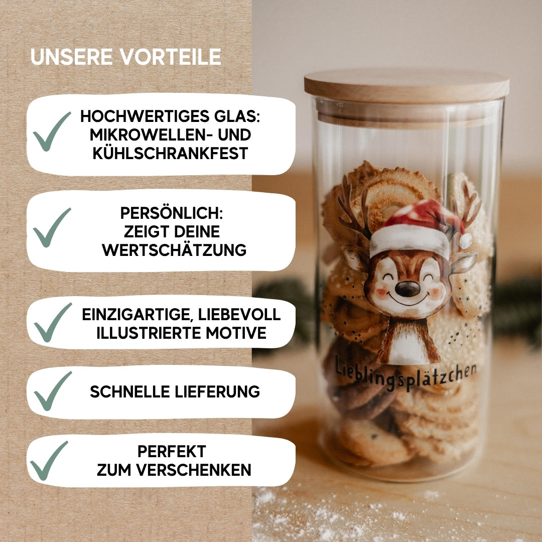 Vorratsglas Weihnachten – Rentier oder Tannenbaum | Glasdose mit Holzdeckel für Plätzchen & Süßigkeiten