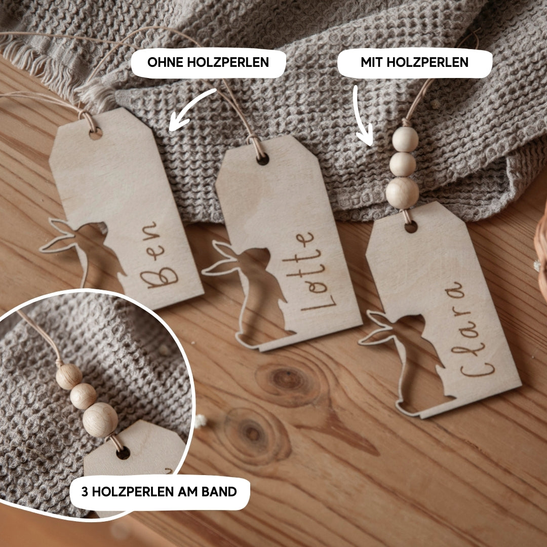 Personalisierter Holzanhänger mit Osterhase & Holzperlen ideal für ein Osterkörbchen