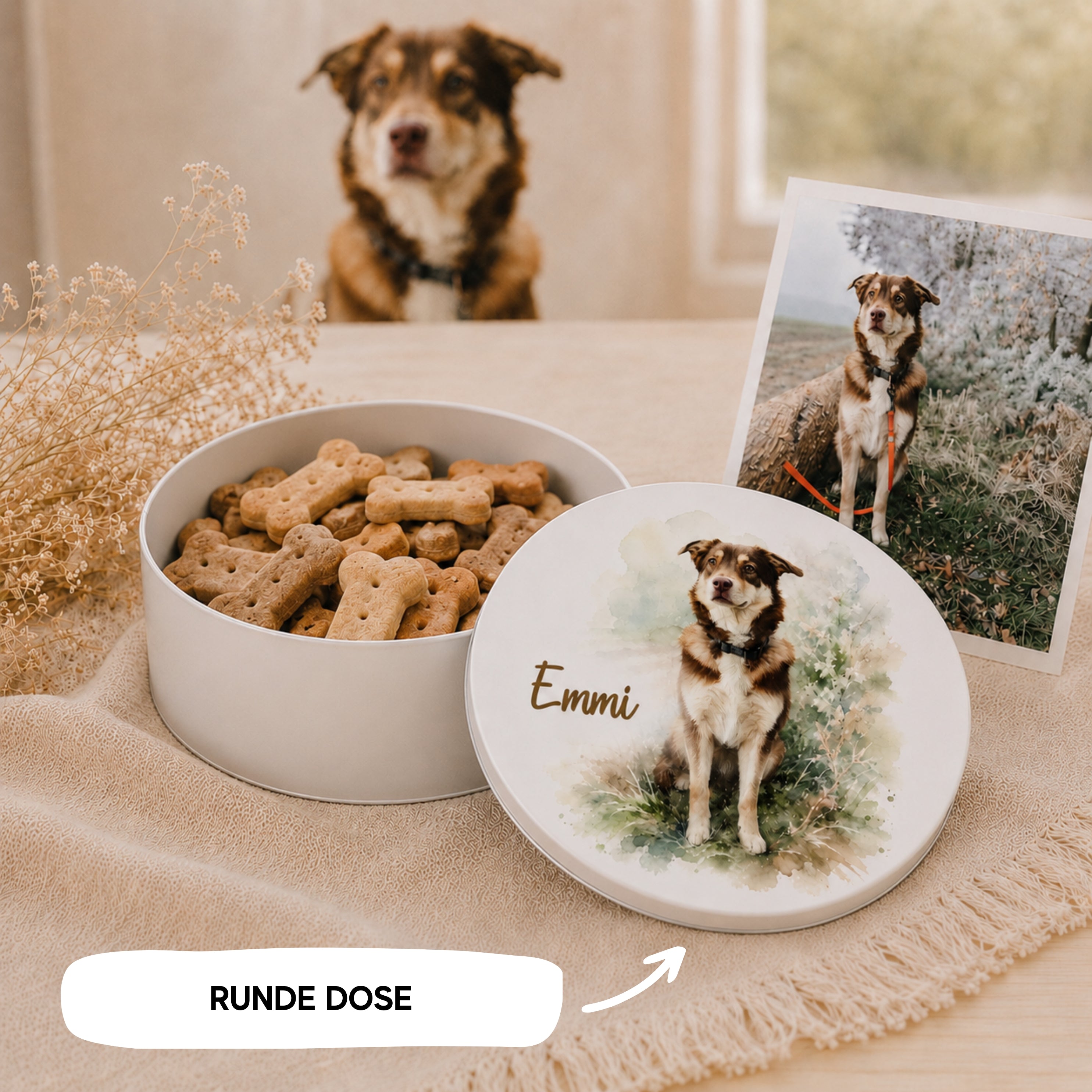Personalisierte Fotodose mit Wunschname – runde oder quadratische Blechdose bedrucken lassen