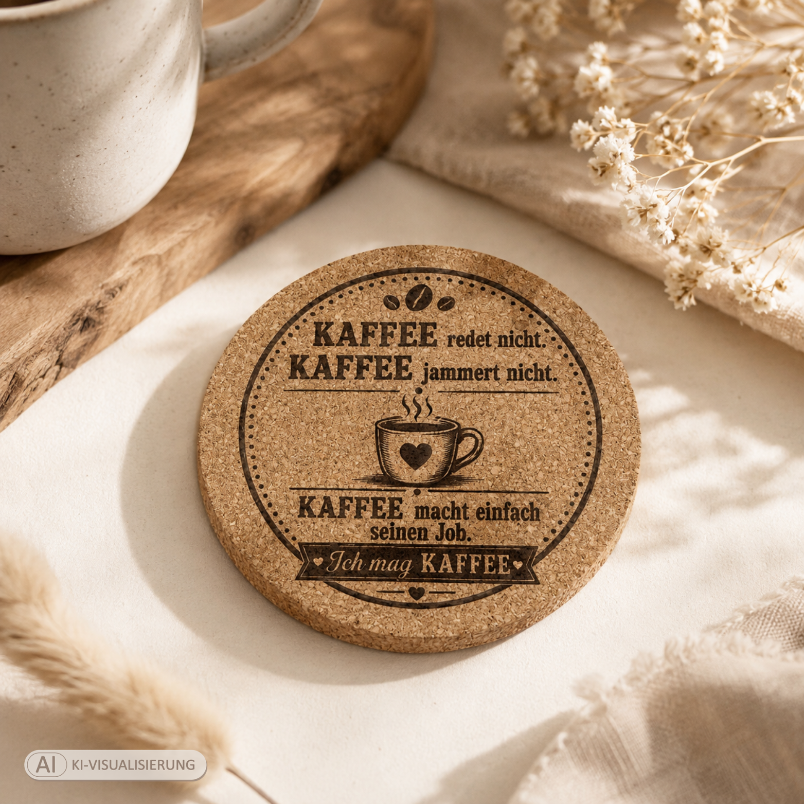Korkuntersetzer mit Kaffee-Spruch – 4 Motive zur Auswahl