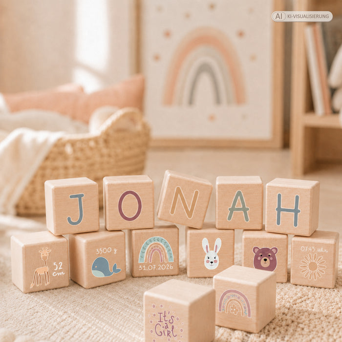 Personalisierte Holzwürfel mit bunten Buchstaben „JONAH“ und Motiven wie Regenbogen, Hase und Bär im Kinderzimmer (KI-Visualisierung)