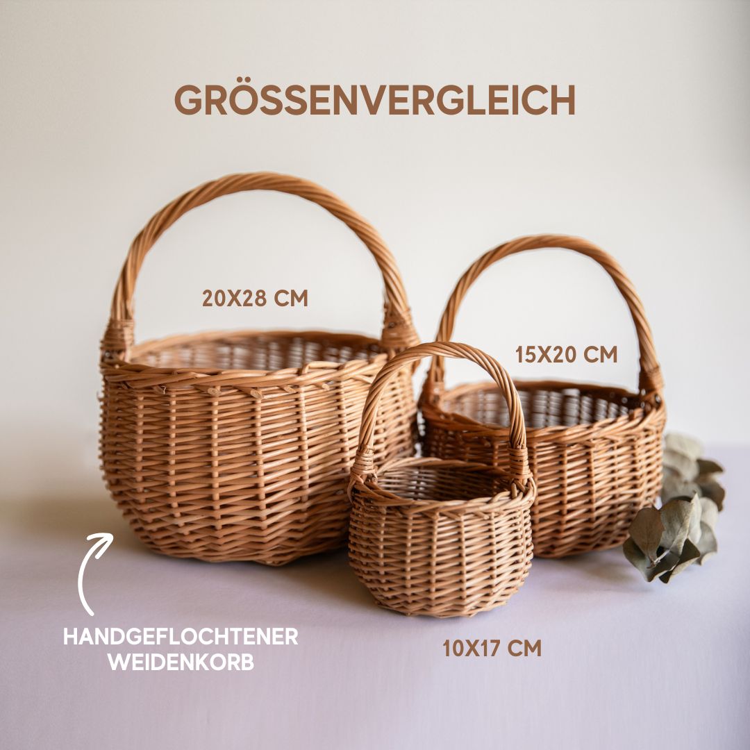 Grössenvergleich der handgeflochtenen Weidenkörbe: 20x28 cm, 15x20 cm & 10x17 cm