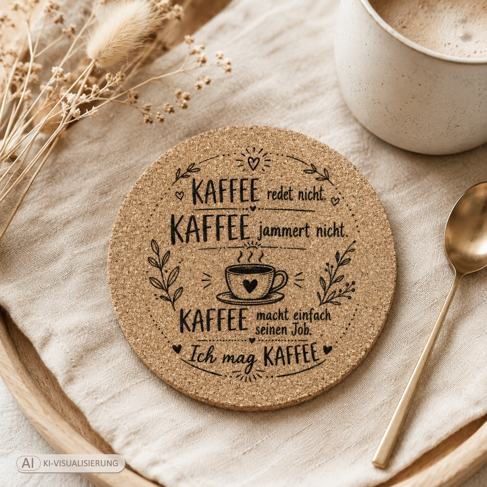 Korkuntersetzer mit Kaffee-Spruch – 4 Motive zur Auswahl