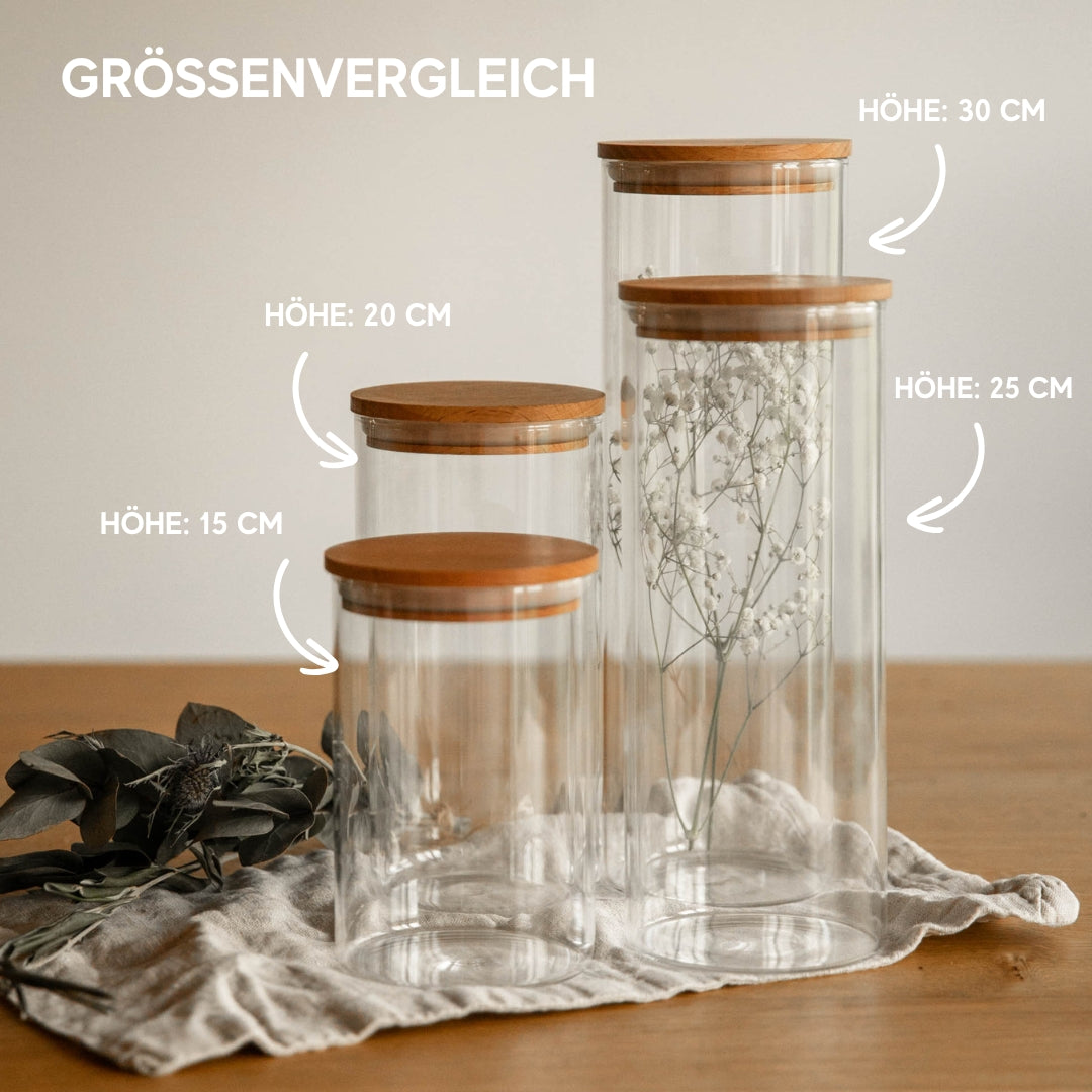 Grössenvergleich der Vorratsgläser: 30cm, 25cm, 20cm & 15cm