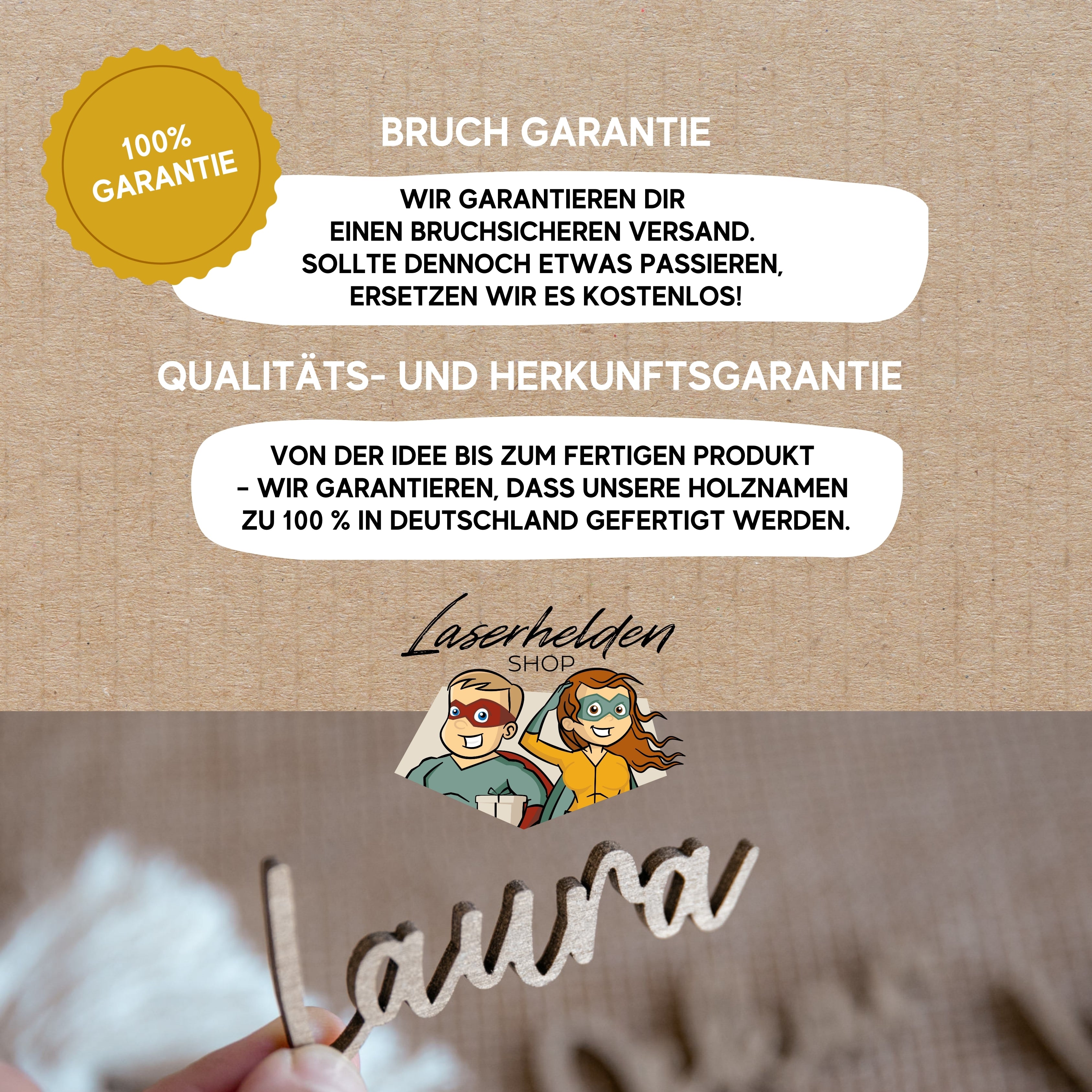 Der Glasmarkierer mit Namen von Laserhelden – personalisiert für besondere Anlässe wie Hochzeiten, als stilvolles Namensschild oder Glasmarkierer mit Bruch- und Qualitätsgarantie auf braunem Hintergrund.