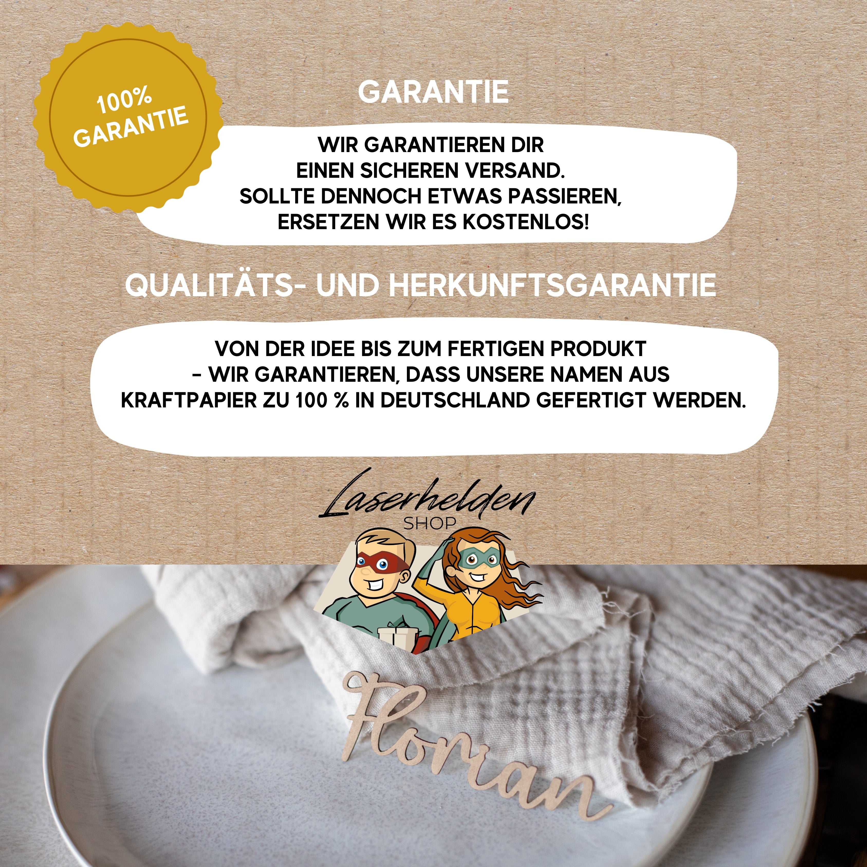 Ein deutsches Produktetikett mit Qualitätssicherung und illustrierten Schriftzeichen eignet sich ideal für personalisierte Namensschilder bei einer Boho-Hochzeit, inklusive dem Namen „Florian“ auf Stoff. Schauen Sie sich den Namensschild Hochzeit - Schriftzug aus Kraftpapier von laserhelden an.