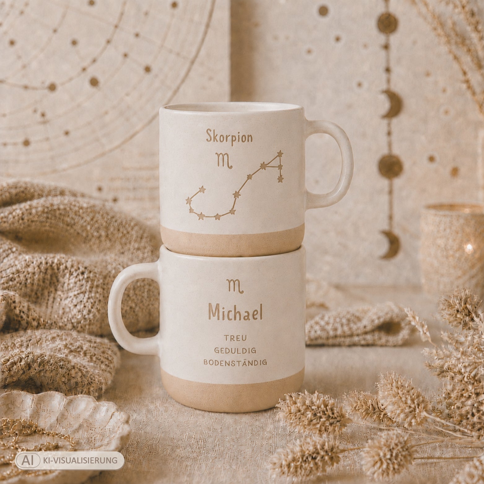 Personalisierte Sternzeichen-Tasse mit Name und Eigenschaften – gravierte Tasse mit Sternbild
