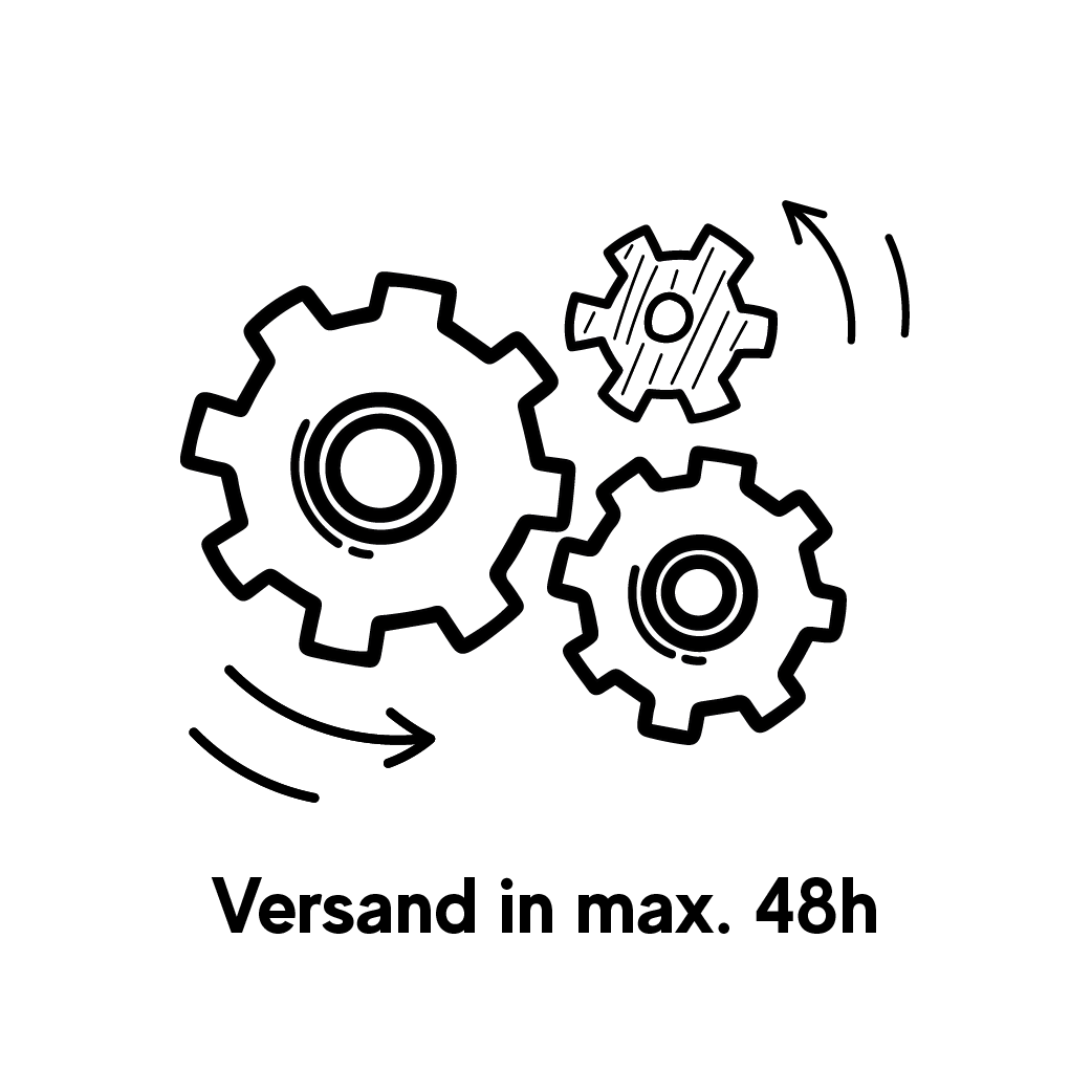 Abbildung von drei ineinandergreifenden Zahnrädern mit „Versand in max. 48h“ unten, hervorhebend die Express-Produktion 48h von Laserhelden für eine schnelle Anfertigung, um Ihre Anforderungen an die Bestellung vorziehen zu erfüllen.