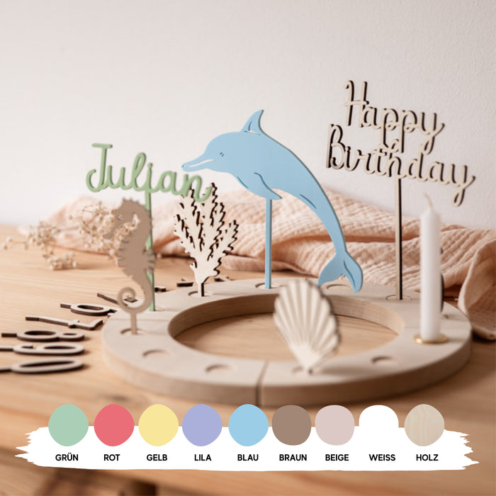 Geburtstagskranz Unterwasser für Jungen / Geburtstagsteller aus Holz mit Name / Kindergeburtstag Delphin / Holzkranz mit Seepferdchen
