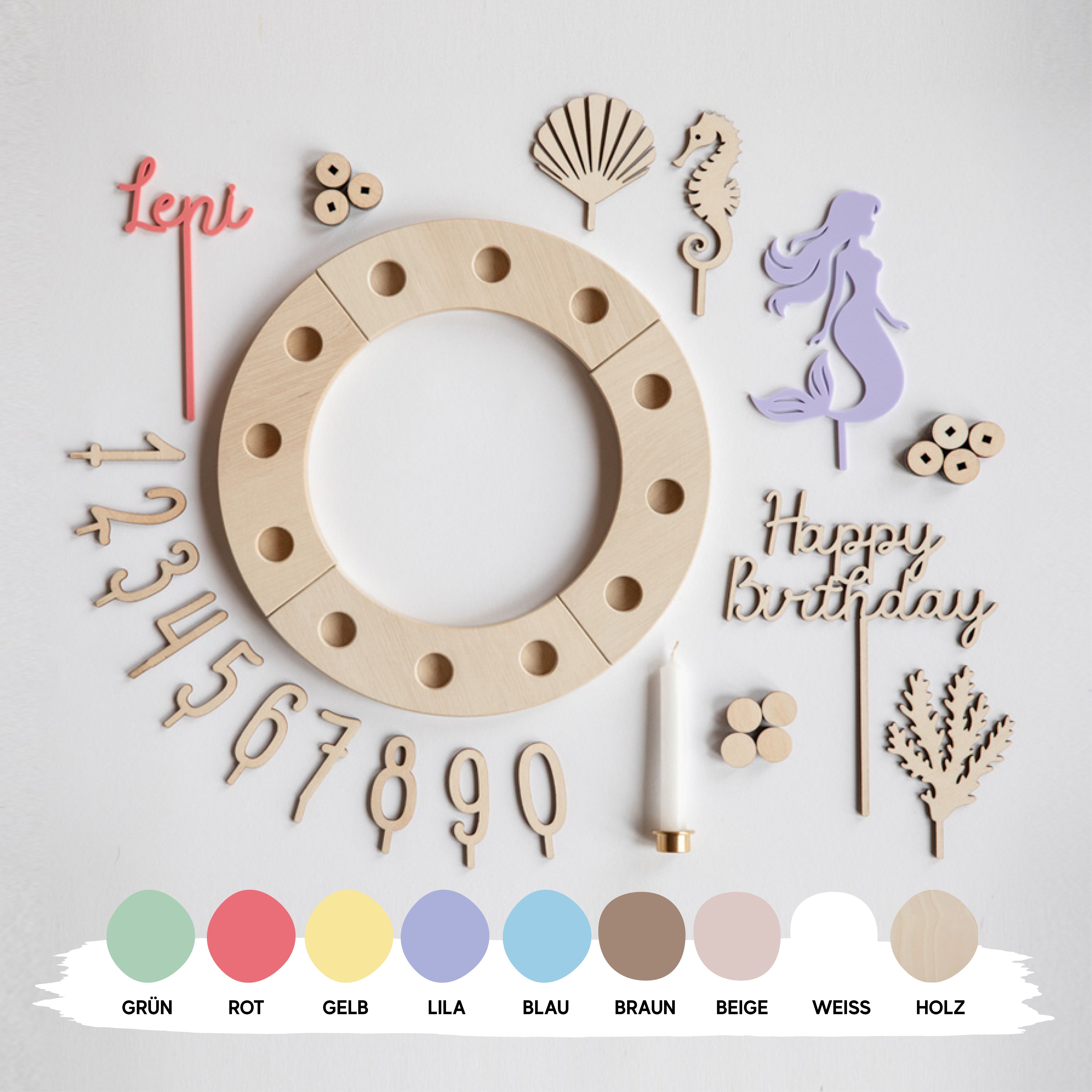 Geburtstagskranz Unterwasser für Mädchen / Geburtstagsteller aus Holz mit Name / Kindergeburtstag Meerjungfrau / Holzkranz mit Seepferdchen