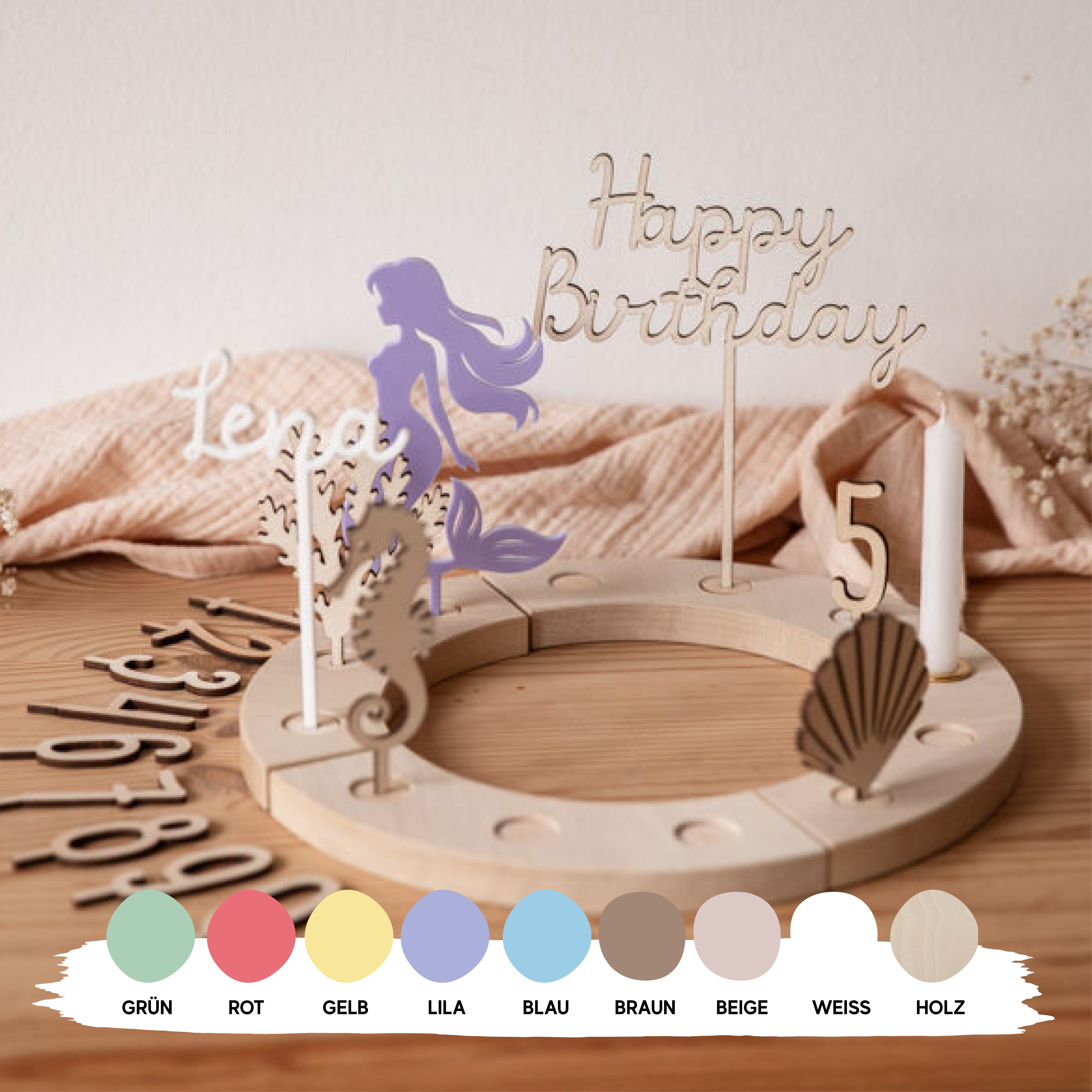 Geburtstagskranz Unterwasser für Mädchen / Geburtstagsteller aus Holz mit Name / Kindergeburtstag Meerjungfrau / Holzkranz mit Seepferdchen