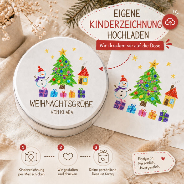 Personalisierte Dose mit eigener Kinderzeichnung & Wunschname – rund oder quadratisch