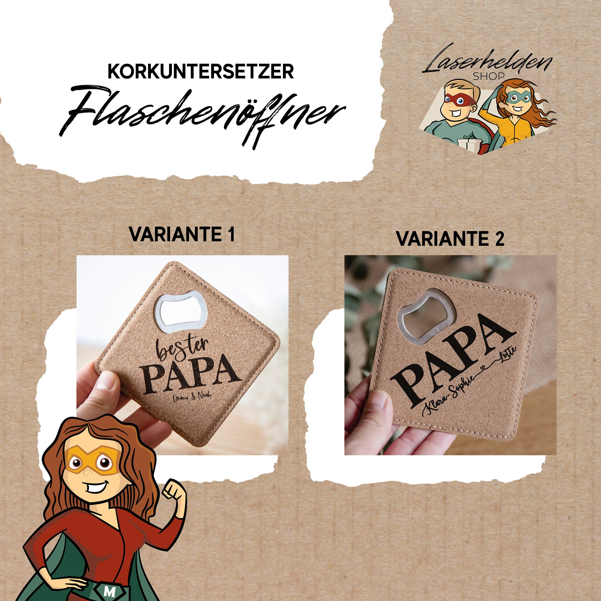 Kork Untersetzer mit Gravur und integriertem Flaschenöffner - Papa / Mama / Opa / Oma mit Personalisierung