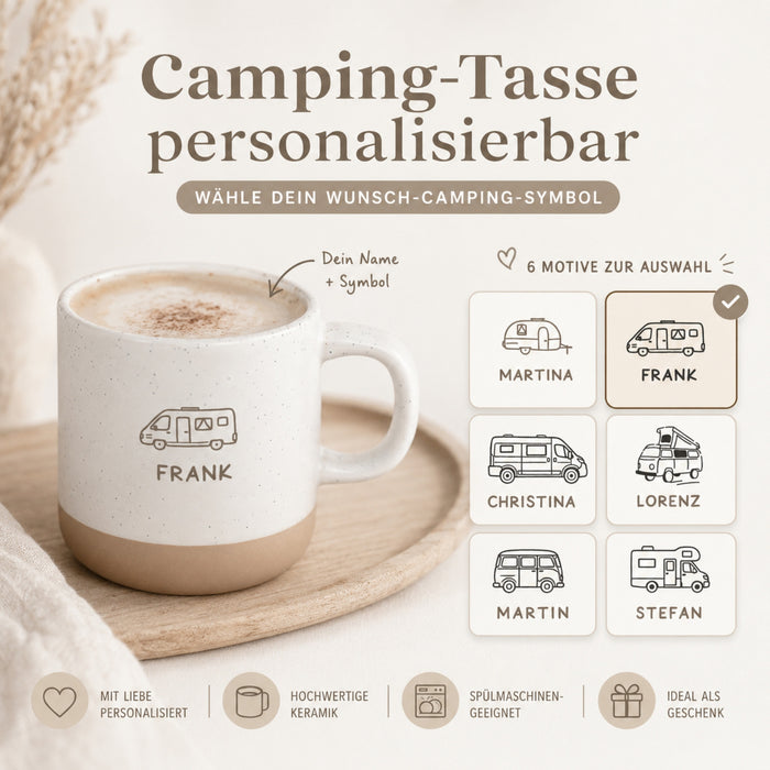 Personalisierte Camping-Tasse mit Name & Wunschmotiv