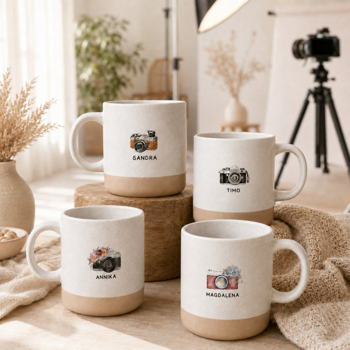 Personalisierte Fotografen-Tasse mit Name und Kameramotiv