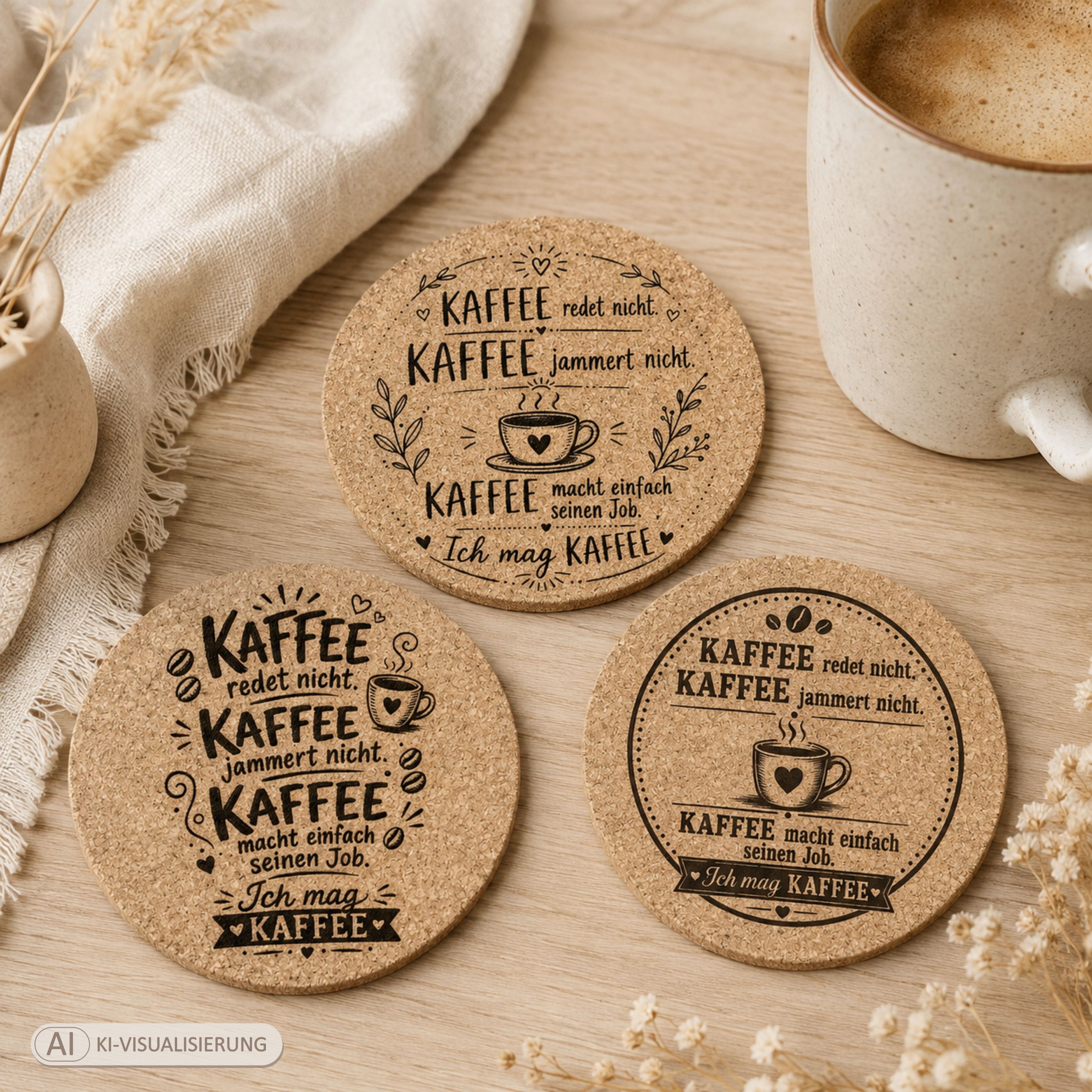 Korkuntersetzer mit Kaffee-Spruch – 4 Motive zur Auswahl