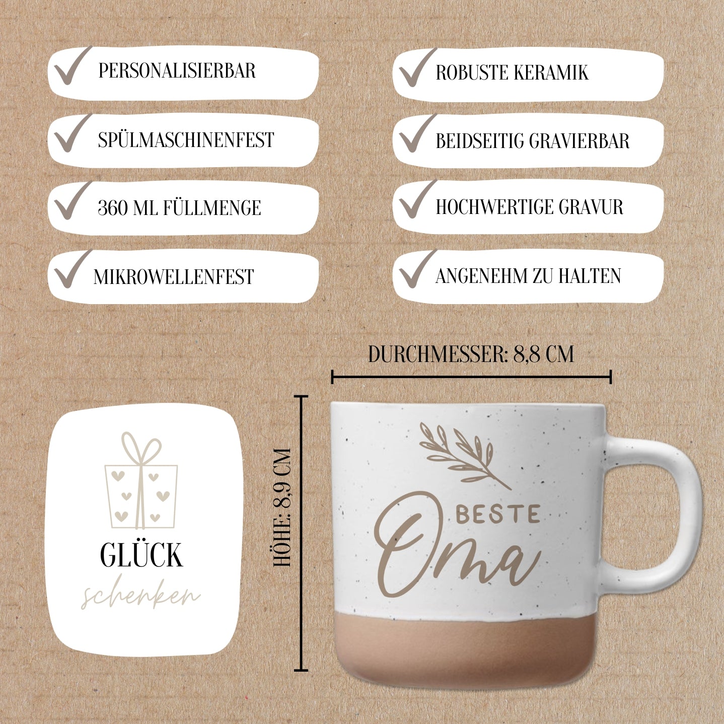 Die personalisierte Tasse aus Steingut von Laserhelden in Beige mit „Beste Oma“-Gravur, spülmaschinenfest und 8,8 cm hoch – das ideale Geschenk.