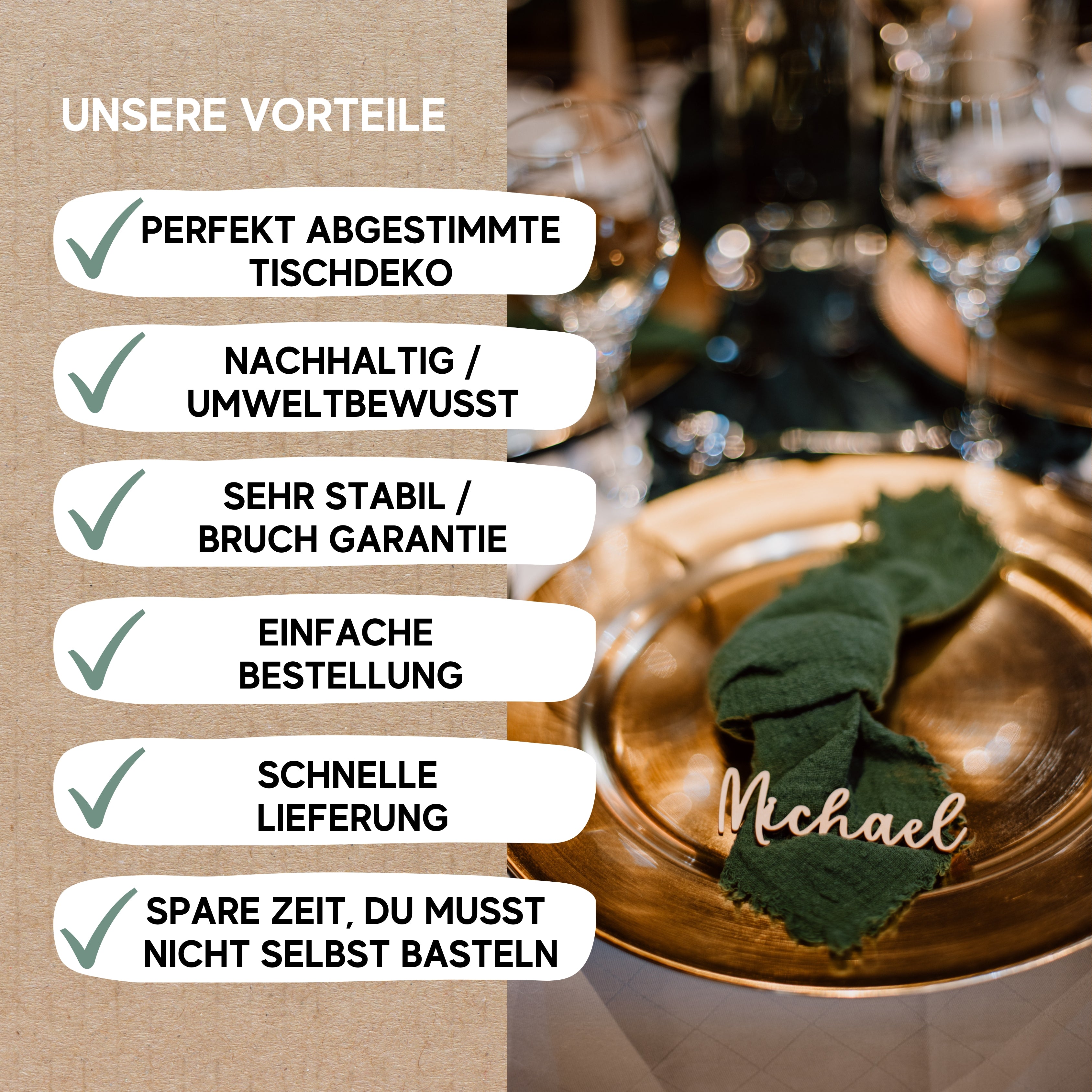 Dekorieren Sie Ihren Esstisch mit den Tischkarten „Hochzeit aus Holz“ von laserhelden. Auf der linken Seite befindet sich eine Liste mit Vorteilen in deutscher Sprache mit Häkchen.