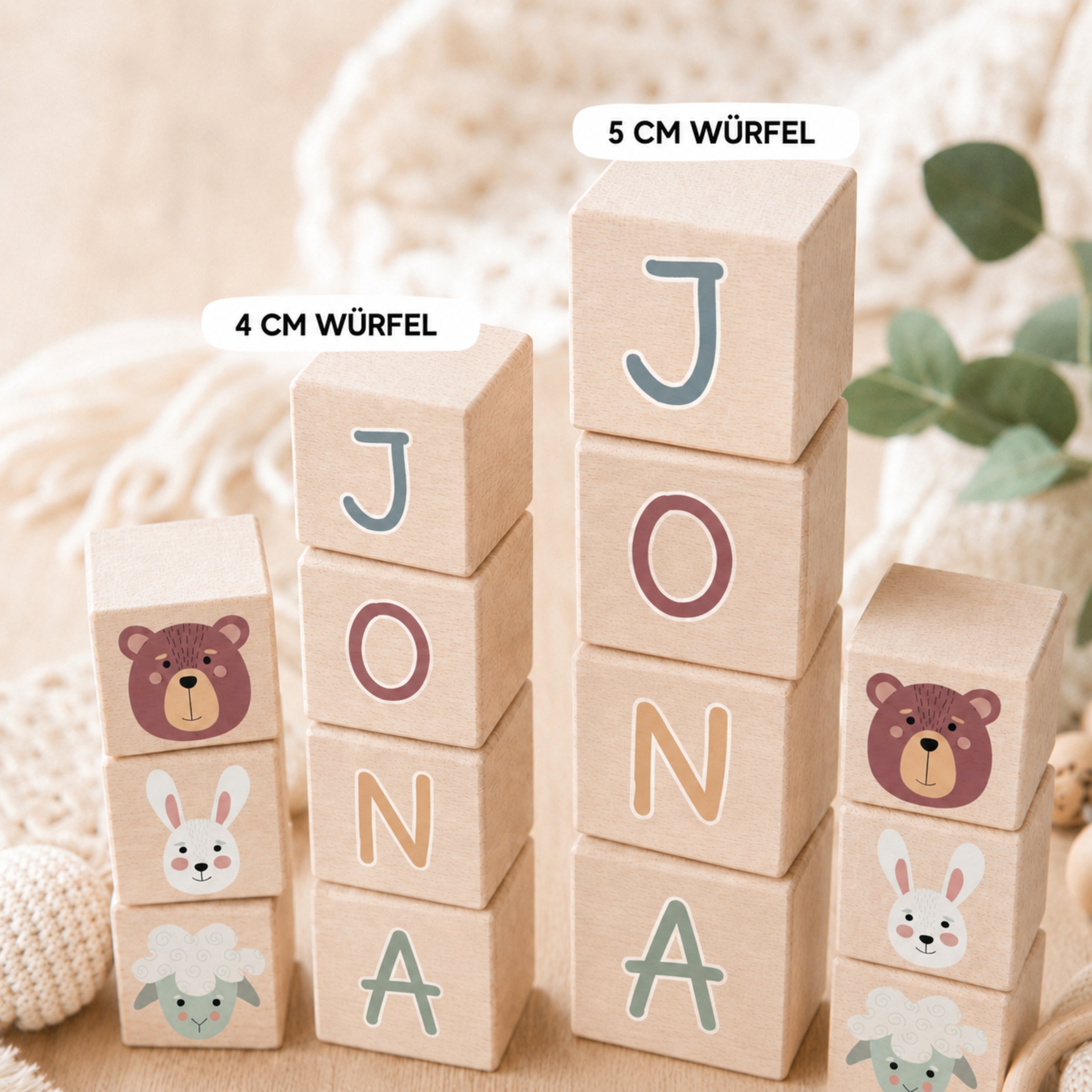 Personalisierte Holzwürfel mit bunten Buchstaben & Wunschname