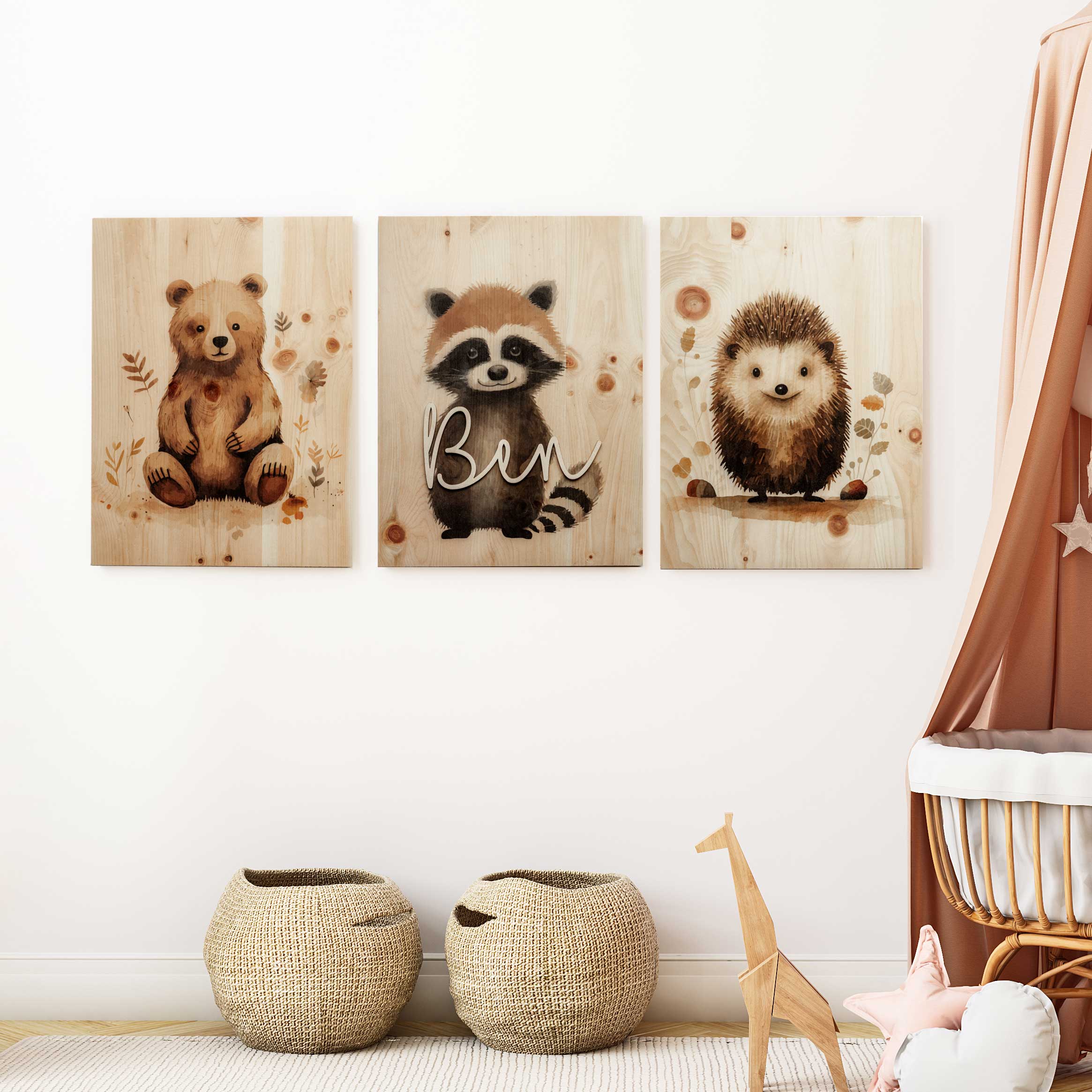 Holzbild A3 Kinderzimmer Poster / Babyzimmer Wandbild / Namensschriftzug Baby / Waldtiere Wandbild Holz / Geschenk Geburt