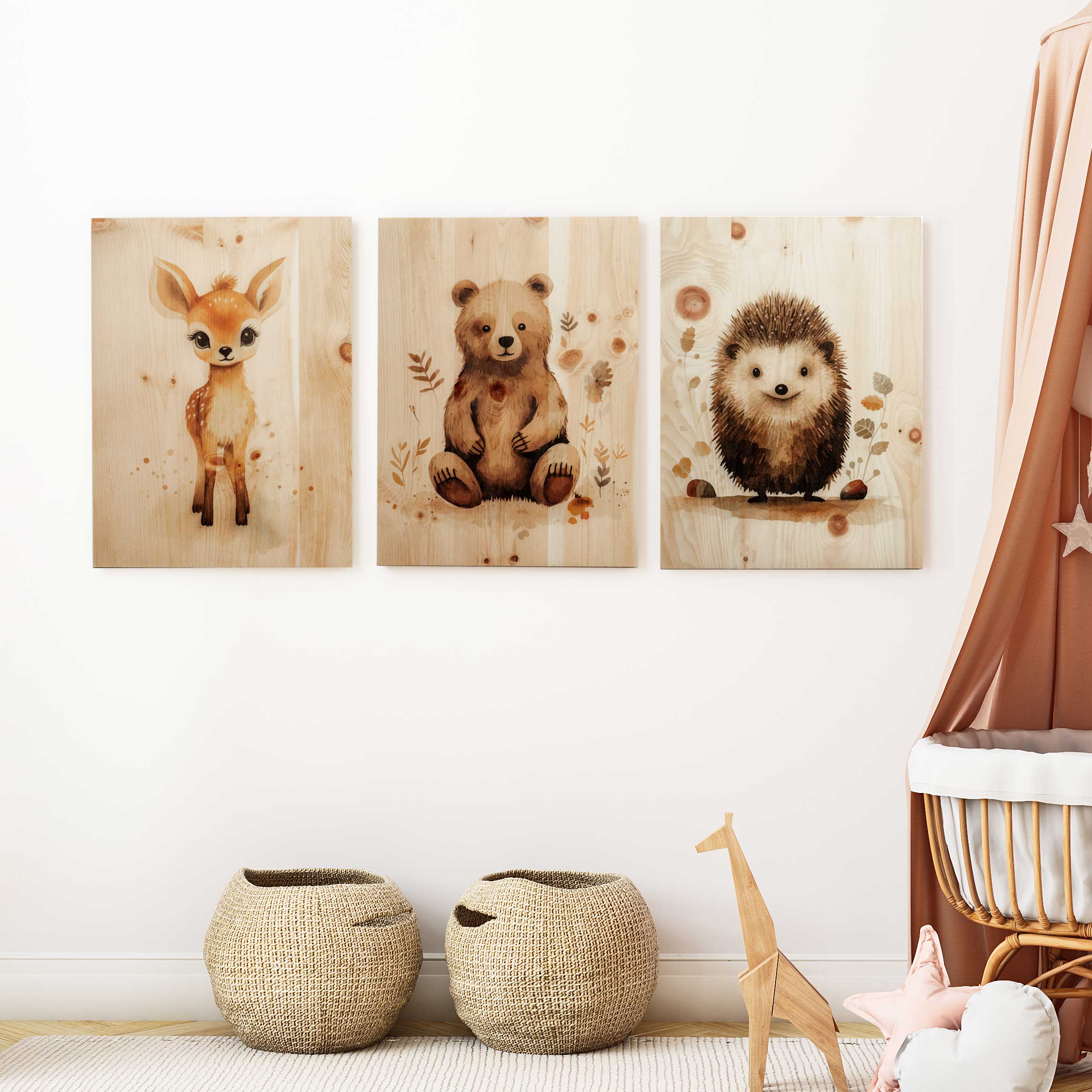 Holzbild A3 Kinderzimmer Poster / Babyzimmer Wandbild / Namensschriftzug Baby / Waldtiere Wandbild Holz / Geschenk Geburt