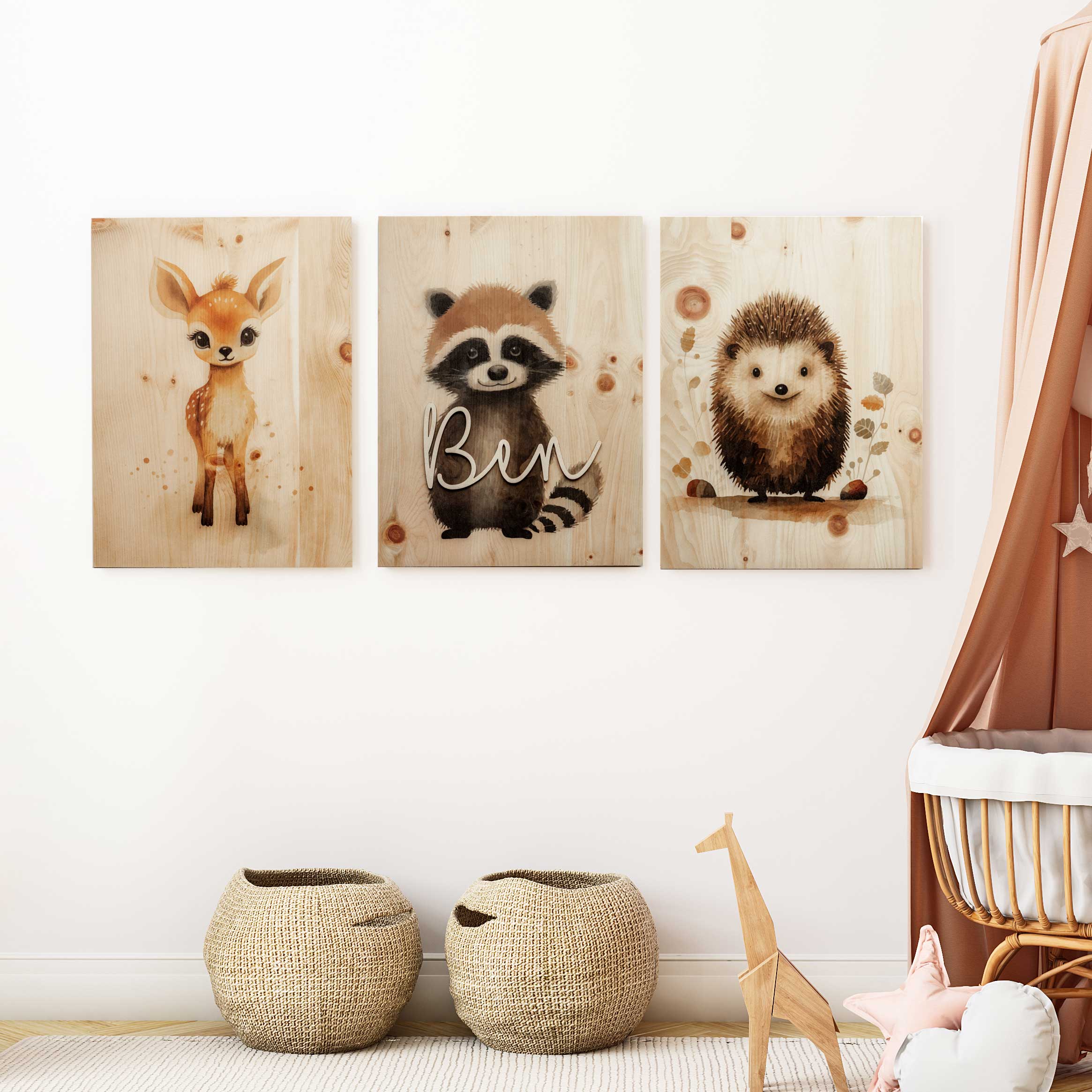 Holzbild A3 Kinderzimmer Poster / Babyzimmer Wandbild / Namensschriftzug Baby / Waldtiere Wandbild Holz / Geschenk Geburt