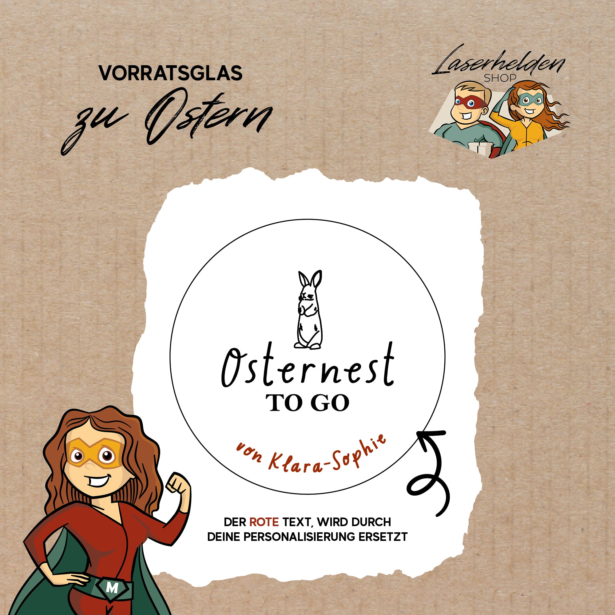 Das Osterglas „Vorratsglas Ostern“ von Laserhelden verfügt über Superhelden-Charaktere und ein Hasen-Design, ideal, um Ihren Gläsern Osterdekoration hinzuzufügen.