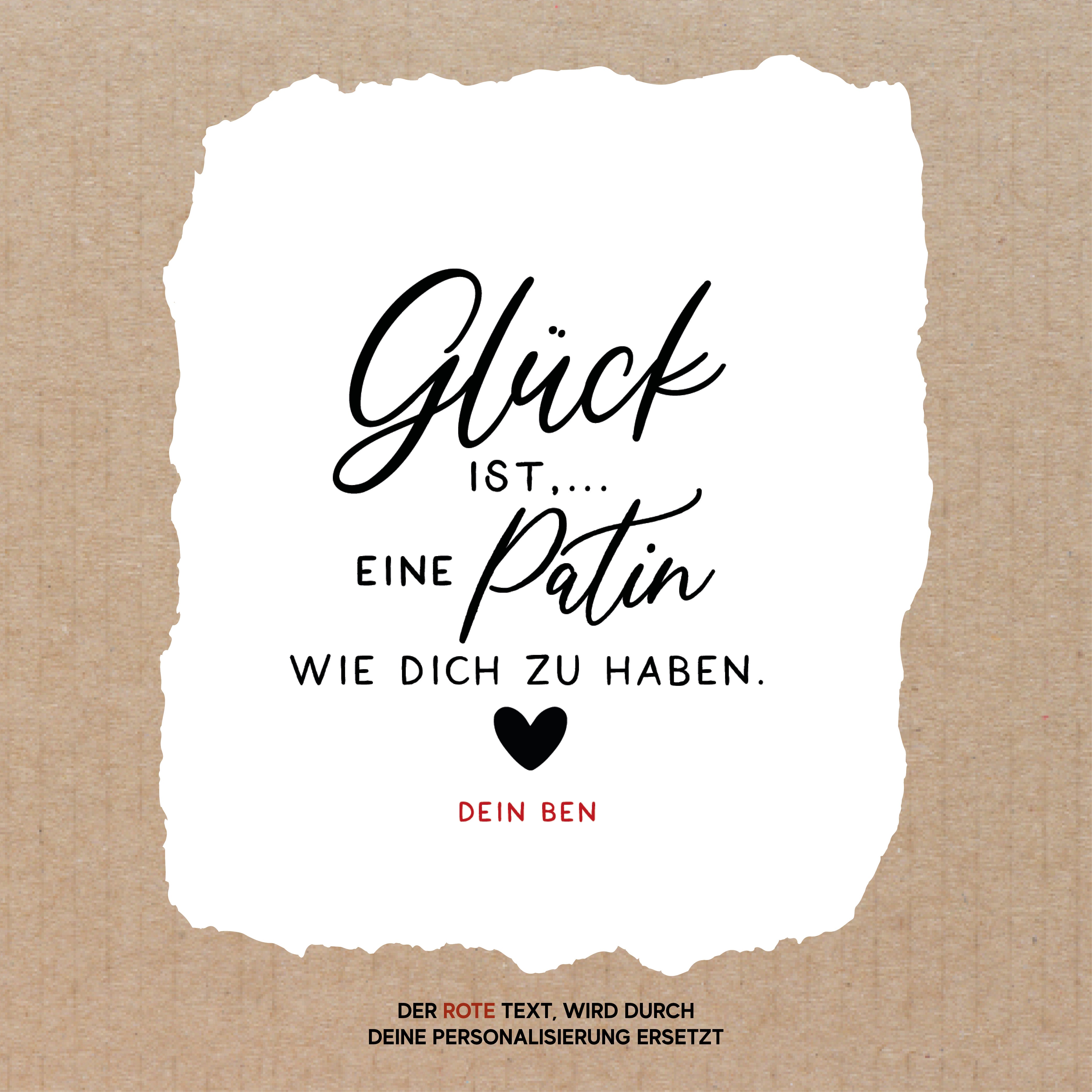 Ein zerrissenes Papier mit dekorativen deutschen Schriftarten und einer Herzillustration schafft ein bezauberndes Andenken, ideal für alle, die ein einzigartiges Geschenk suchen. Entdecken Sie das personalisierte Windlicht Geschenk für Patin und Pate von laserhelden.