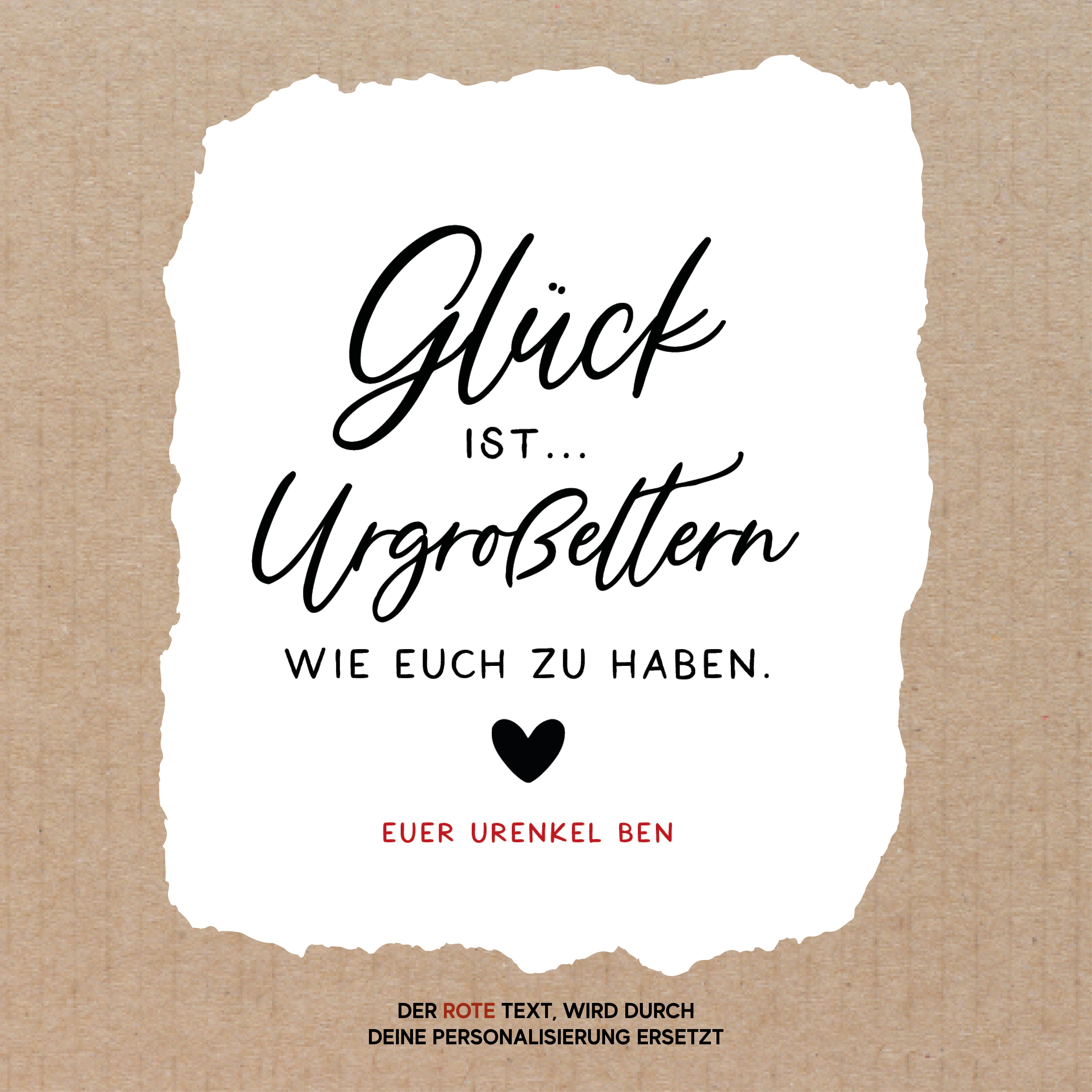 Das personalisierte Windlicht Geschenk für Oma und Opa von laserhelden zeigt auf zerrissenem Papier den Text „Glück ist Urgroßeltern wie euch zu haben. Euer Urenkel Ben“ mit einem Herzsymbol und ist somit ein perfektes Geschenk.