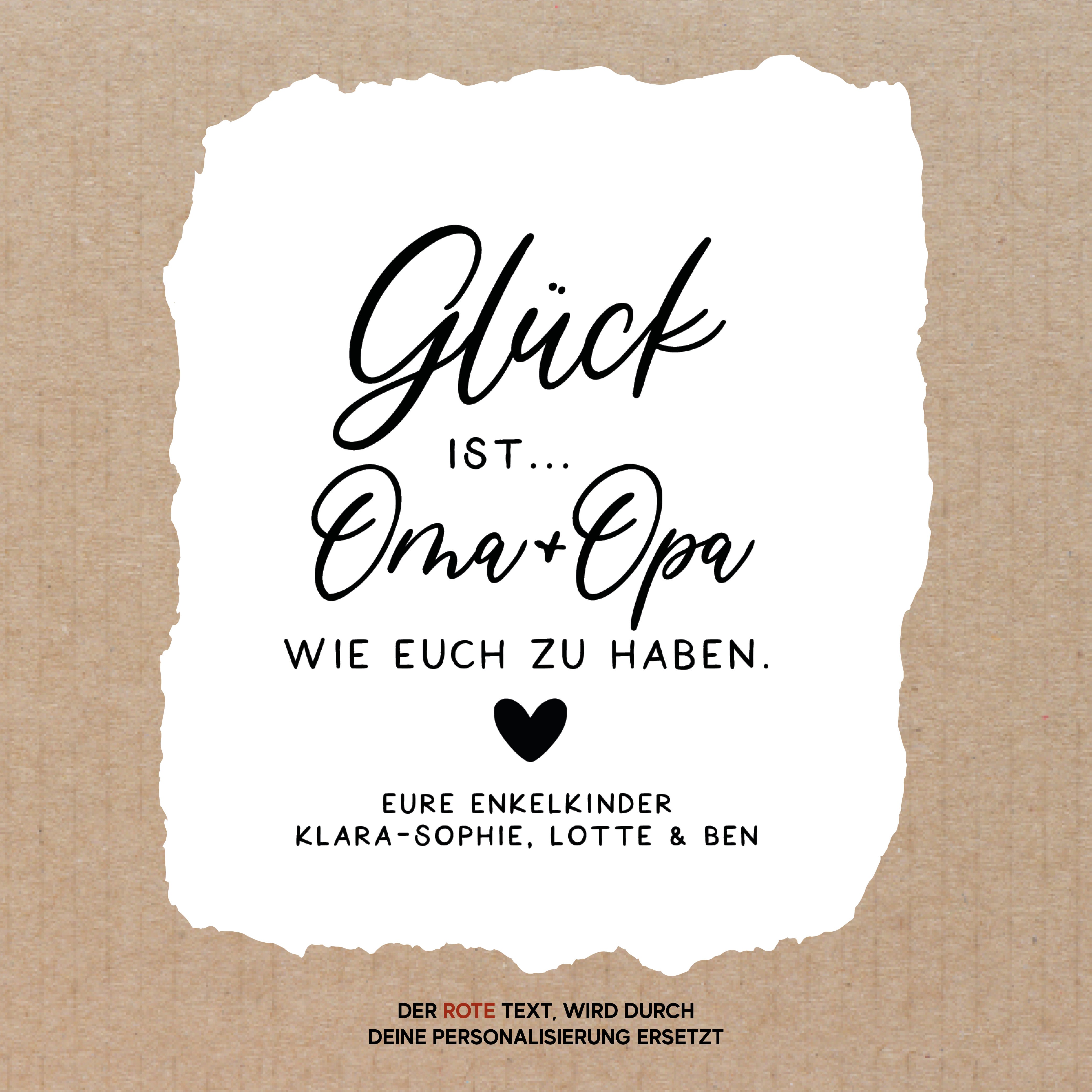 Handgeschriebener deutscher Text auf zerrissenem Papier mit braunem Hintergrund und schwarzem Herzsymbol – ideal für ein personalisiertes Windlicht-Geschenk für Oma und Opa mit Laserhelden.