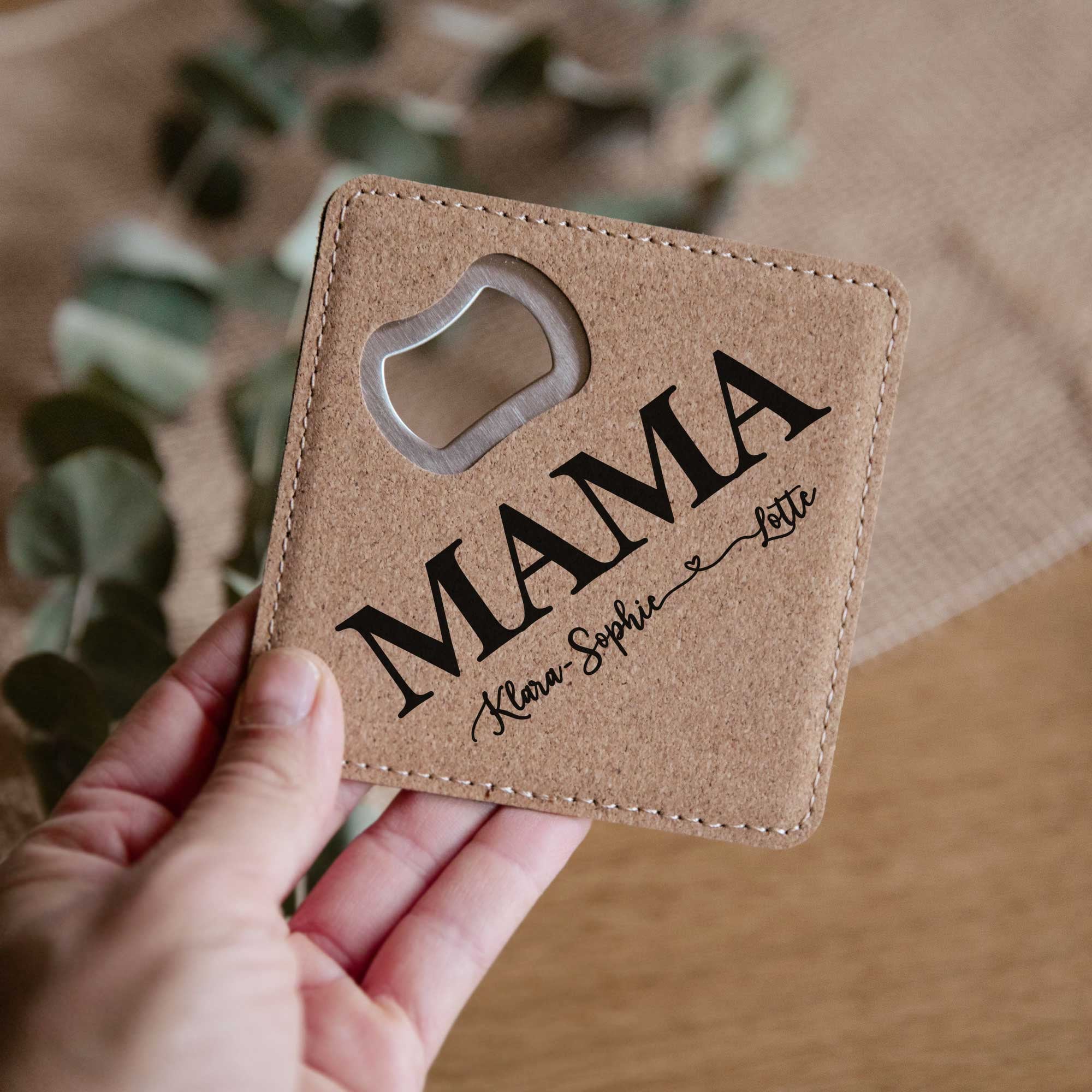 Personalisierter Flaschenöffner mit Gravur - Papa / Kork Untersetzer mit integriertem Öffner / Geschenk Papa / Vatertagsgeschenk / Kapselheber