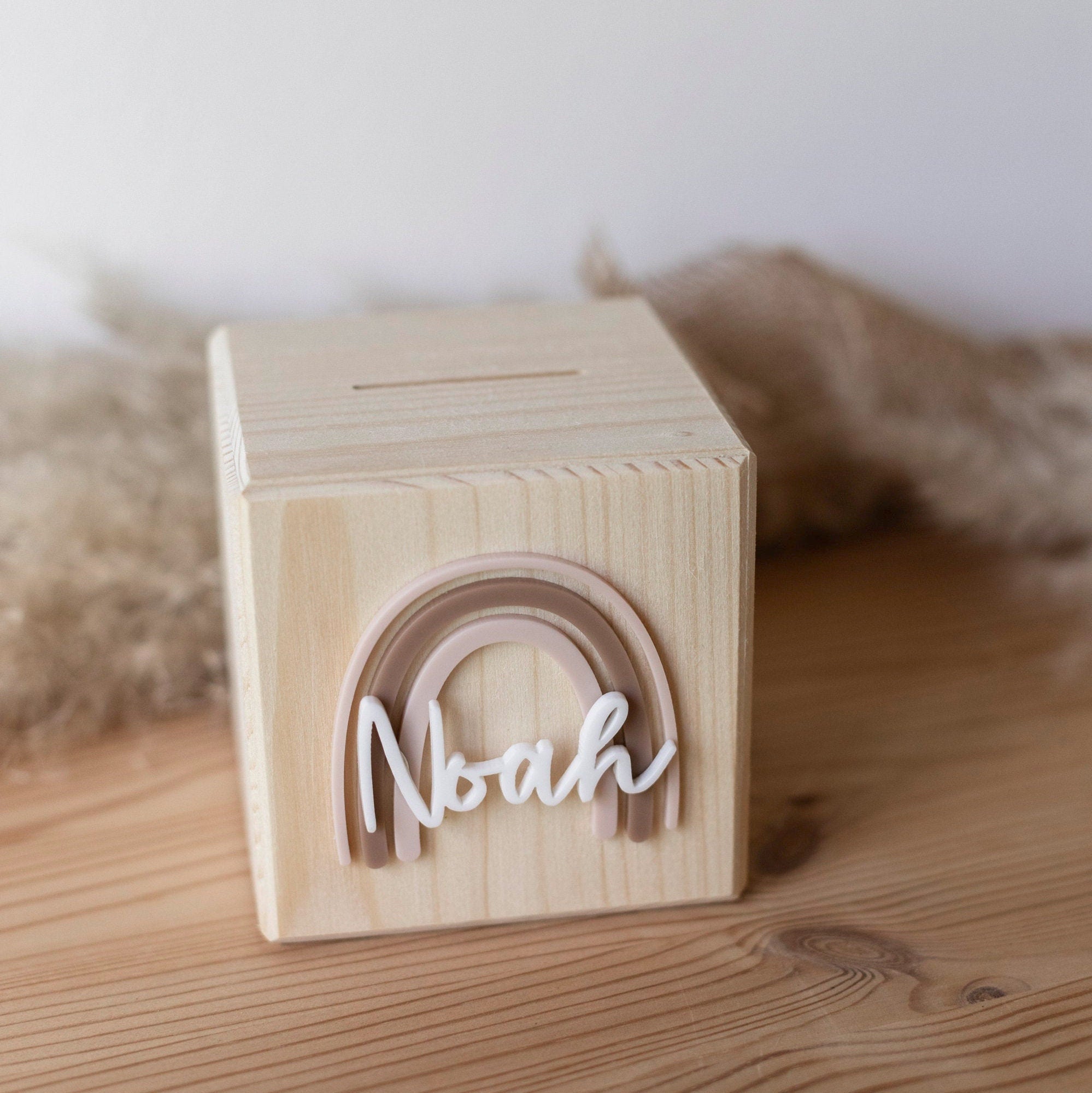 Spardose personalisiert / Spardose Mädchen / Spardose personalisiert / Spardose Holz / Taufgeschenk Mädchen / Spardose Regenbogen Acryl