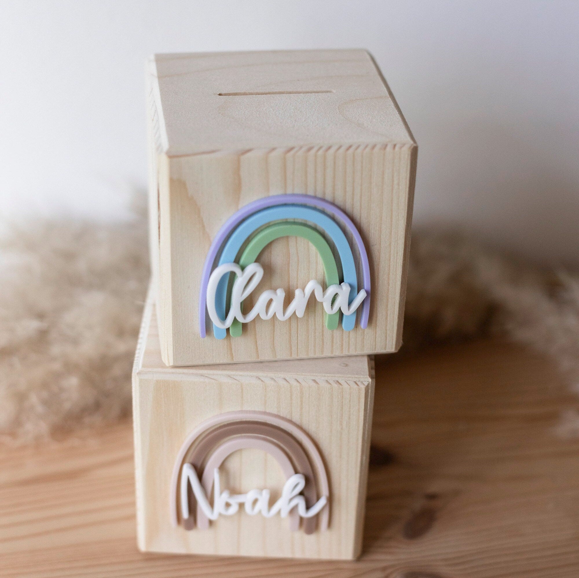 Spardose personalisiert / Spardose Mädchen / Spardose personalisiert / Spardose Holz / Taufgeschenk Mädchen / Spardose Regenbogen Acryl