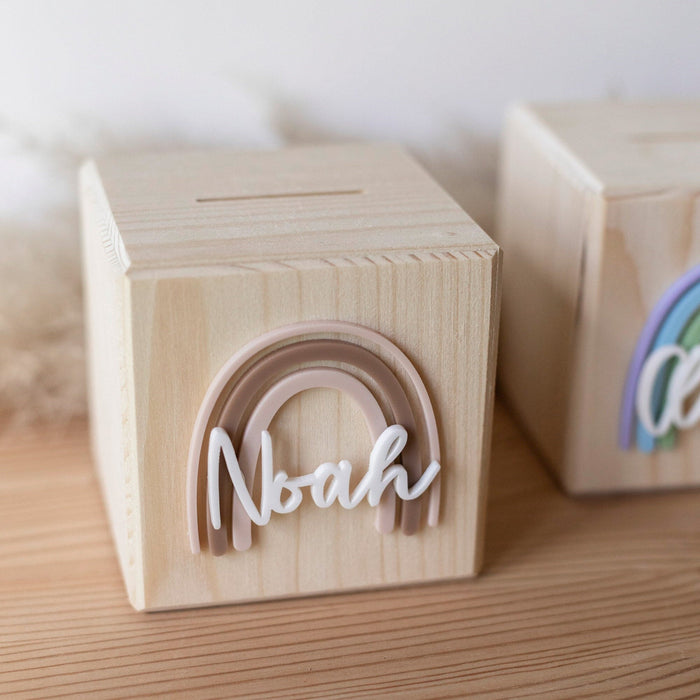Spardose personalisiert / Spardose Mädchen / Spardose personalisiert / Spardose Holz / Taufgeschenk Mädchen / Spardose Regenbogen Acryl