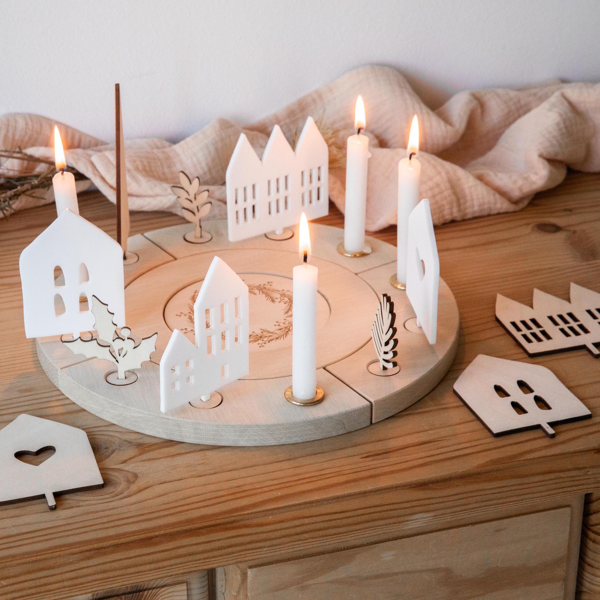 Holzkranz modern Advent / Adventskranz Holz / Geburtstagskranz / Häuser Weihnachten / Lichterhäuser / Häuserkranz / Lichthaus / Adventsdeko