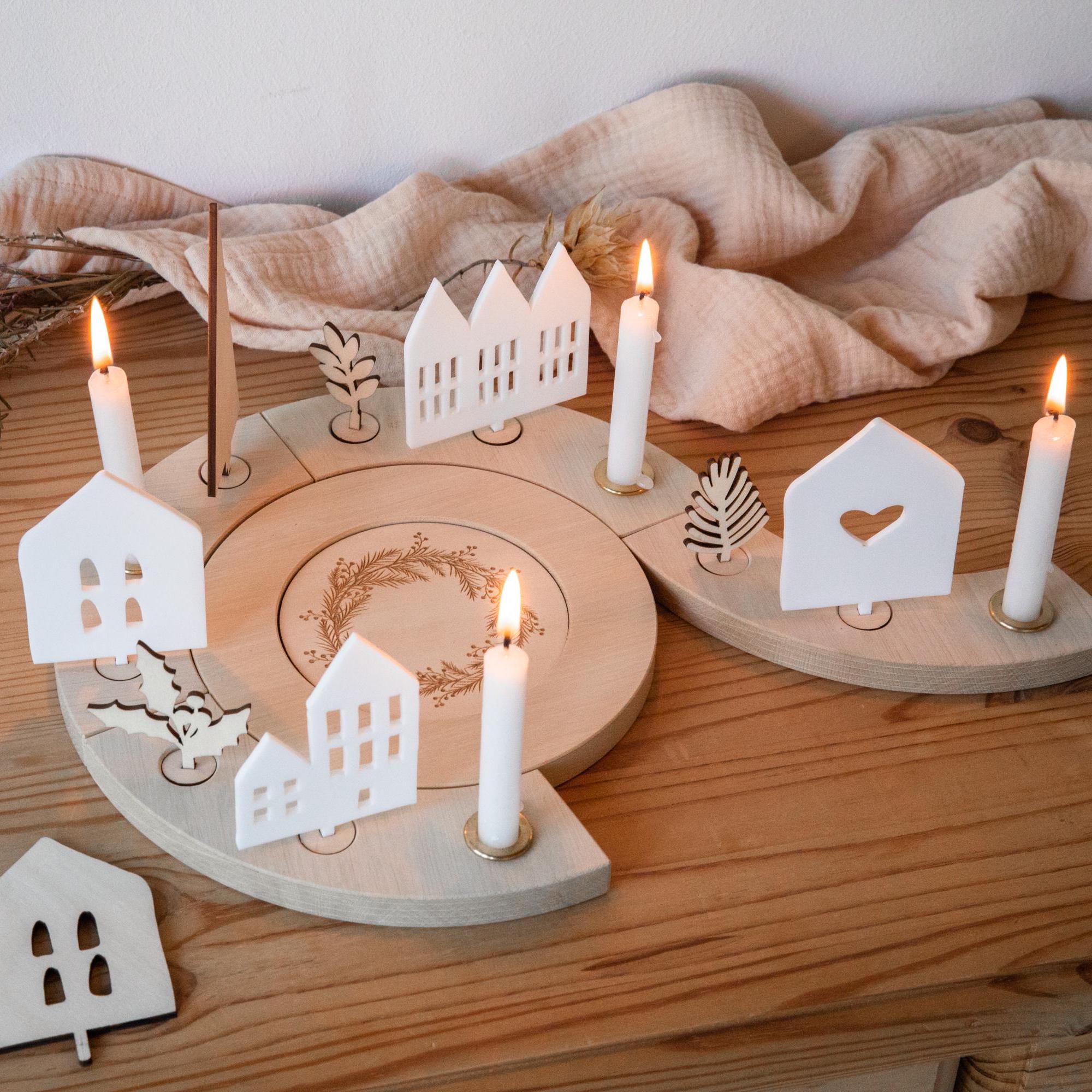 Holzkranz modern Advent / Adventskranz Holz / Geburtstagskranz / Häuser Weihnachten / Lichterhäuser / Häuserkranz / Lichthaus / Adventsdeko